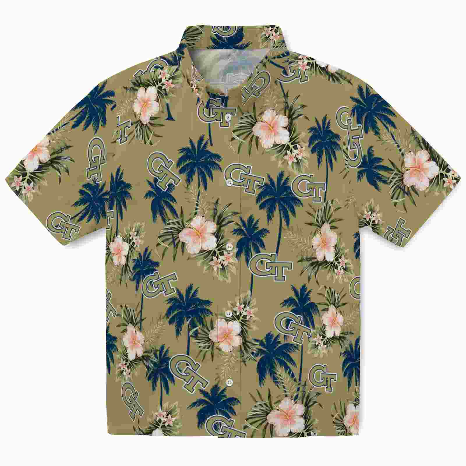 Georgia Tech Yellow Jackets Palm Tree Flower Gold Hawaiian Shirt