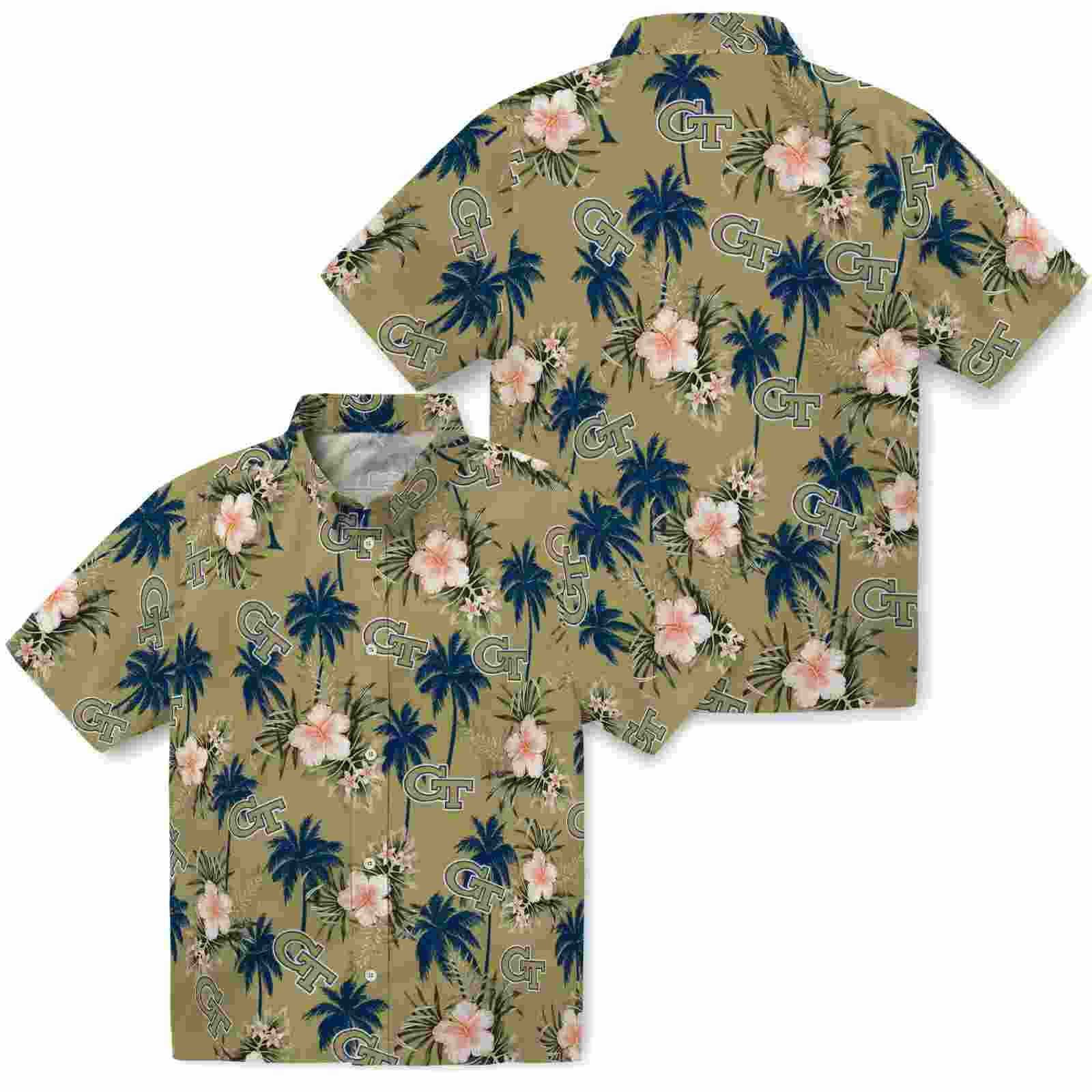 georgia tech yellow jackets palm tree flower gold hawaiian shirt high quality