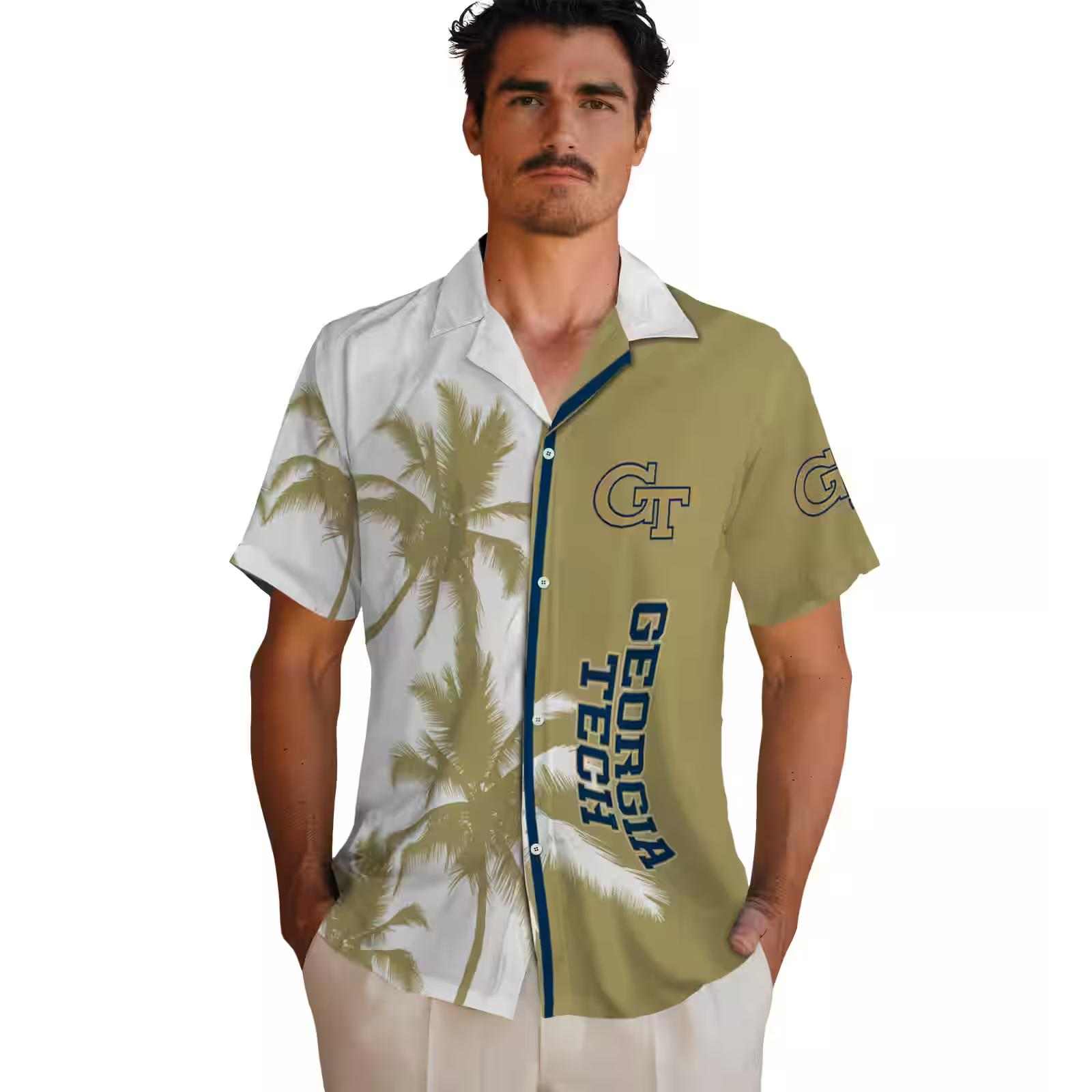 georgia tech yellow jackets palm trees gold white hawaiian shirt fashion forward