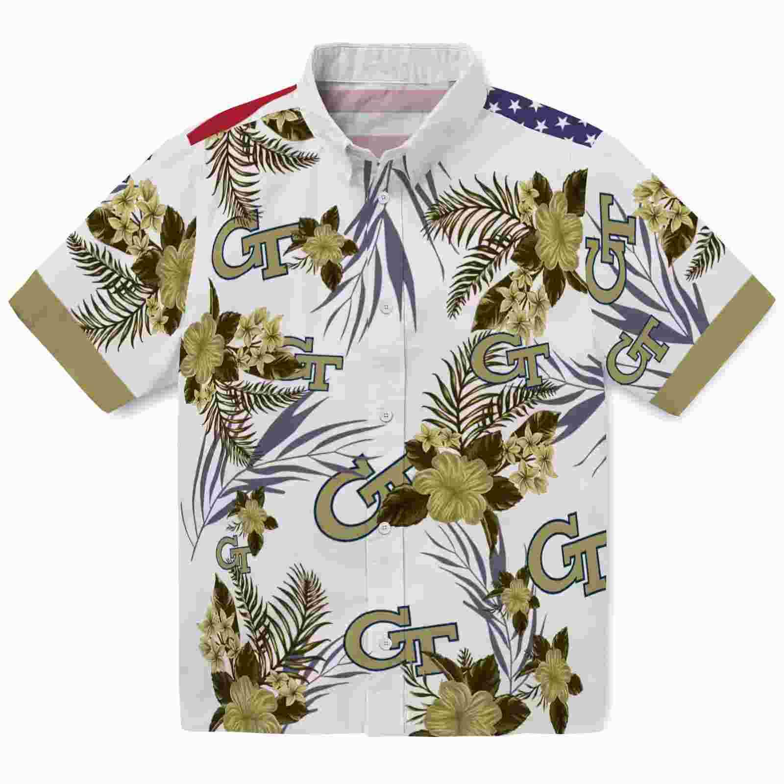 Georgia Tech Yellow Jackets Patriotic Hibiscus Design Gold White Hawaiian Shirt