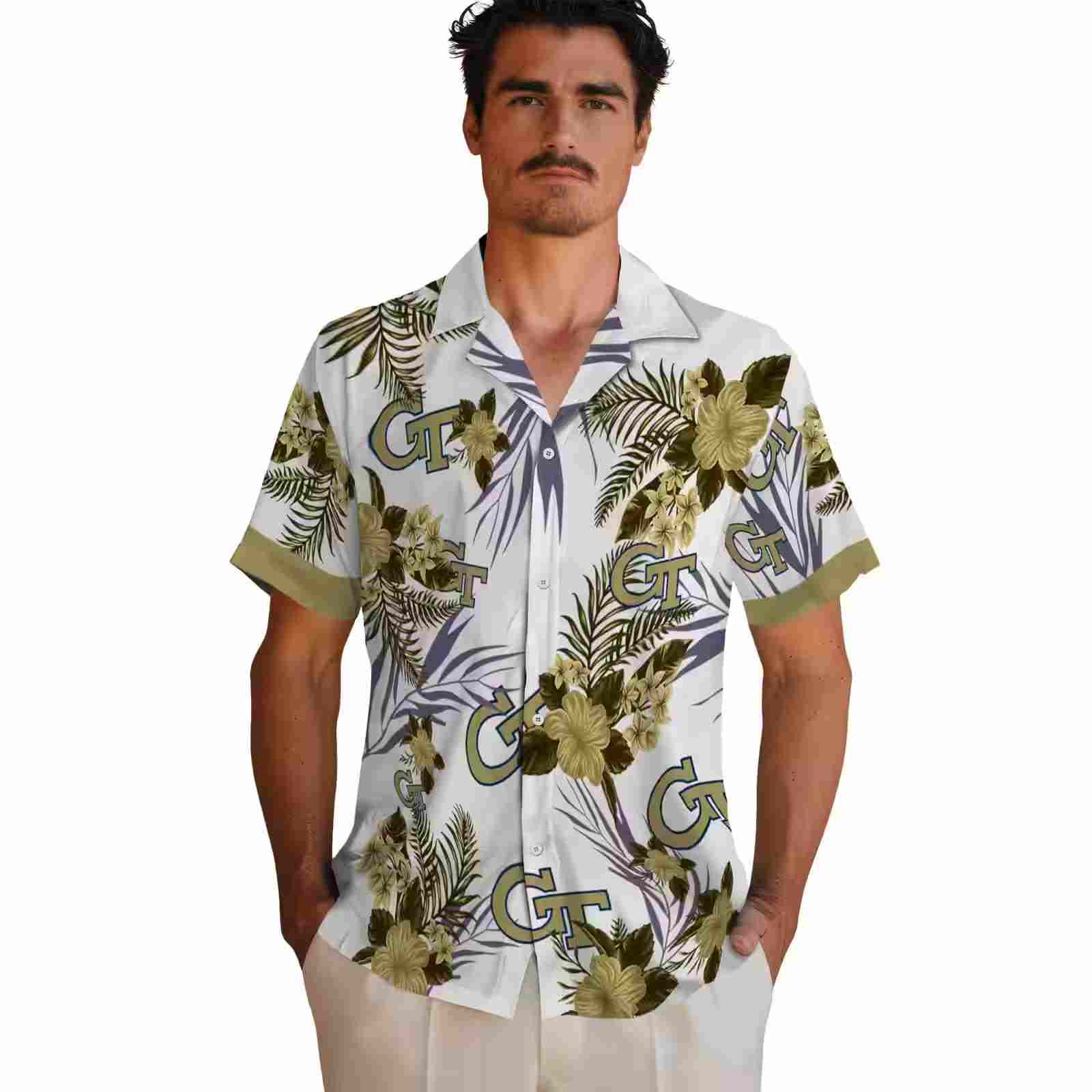 georgia tech yellow jackets patriotic hibiscus design gold white hawaiian shirt fashion forward