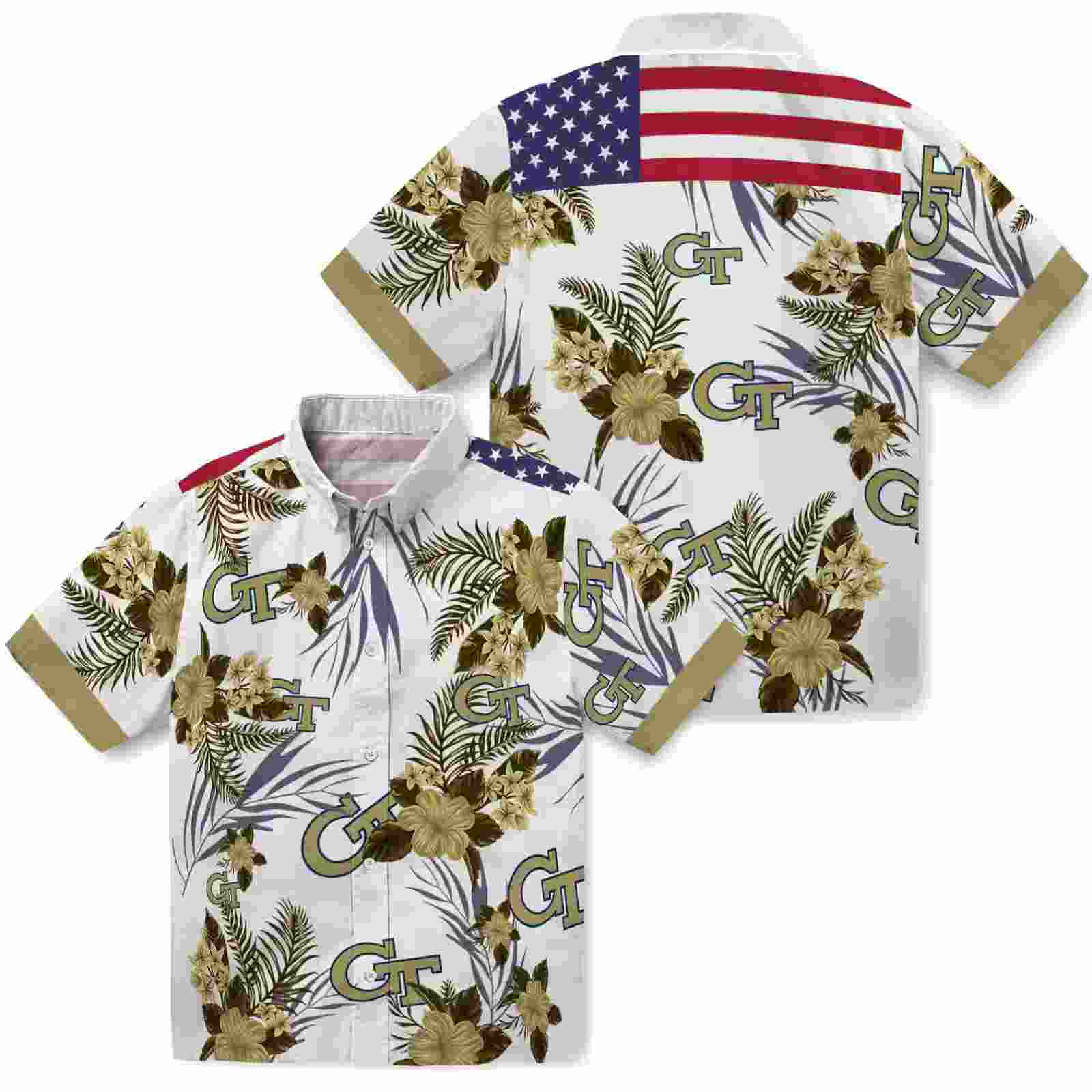 georgia tech yellow jackets patriotic hibiscus design gold white hawaiian shirt high quality