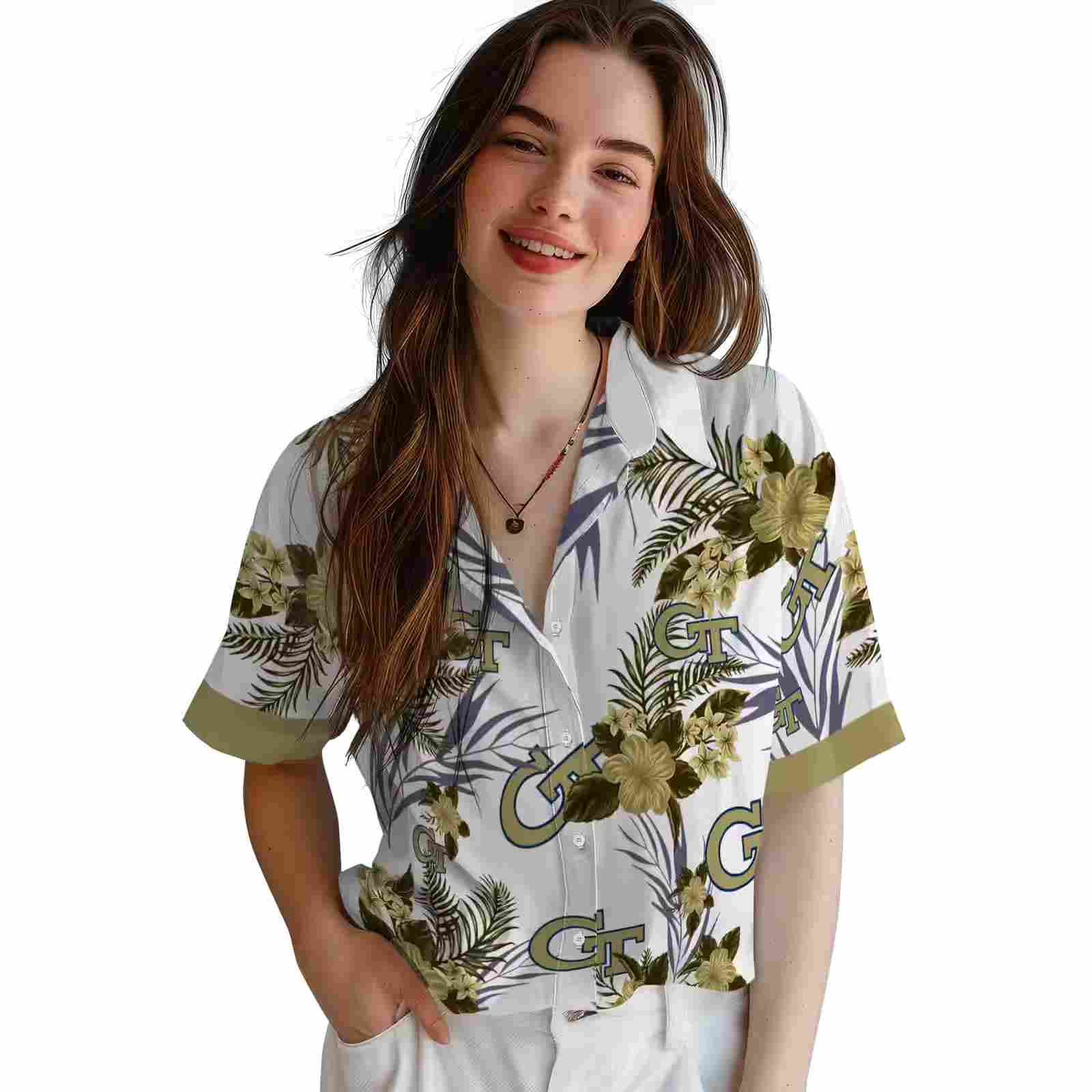 georgia tech yellow jackets patriotic hibiscus design gold white hawaiian shirt latest model