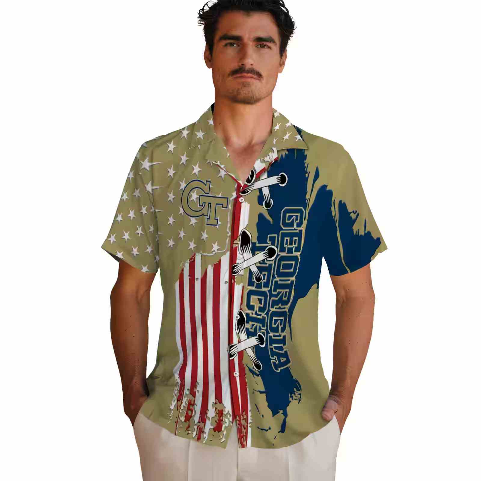 georgia tech yellow jackets stitched flag gold hawaiian shirt fashion forward