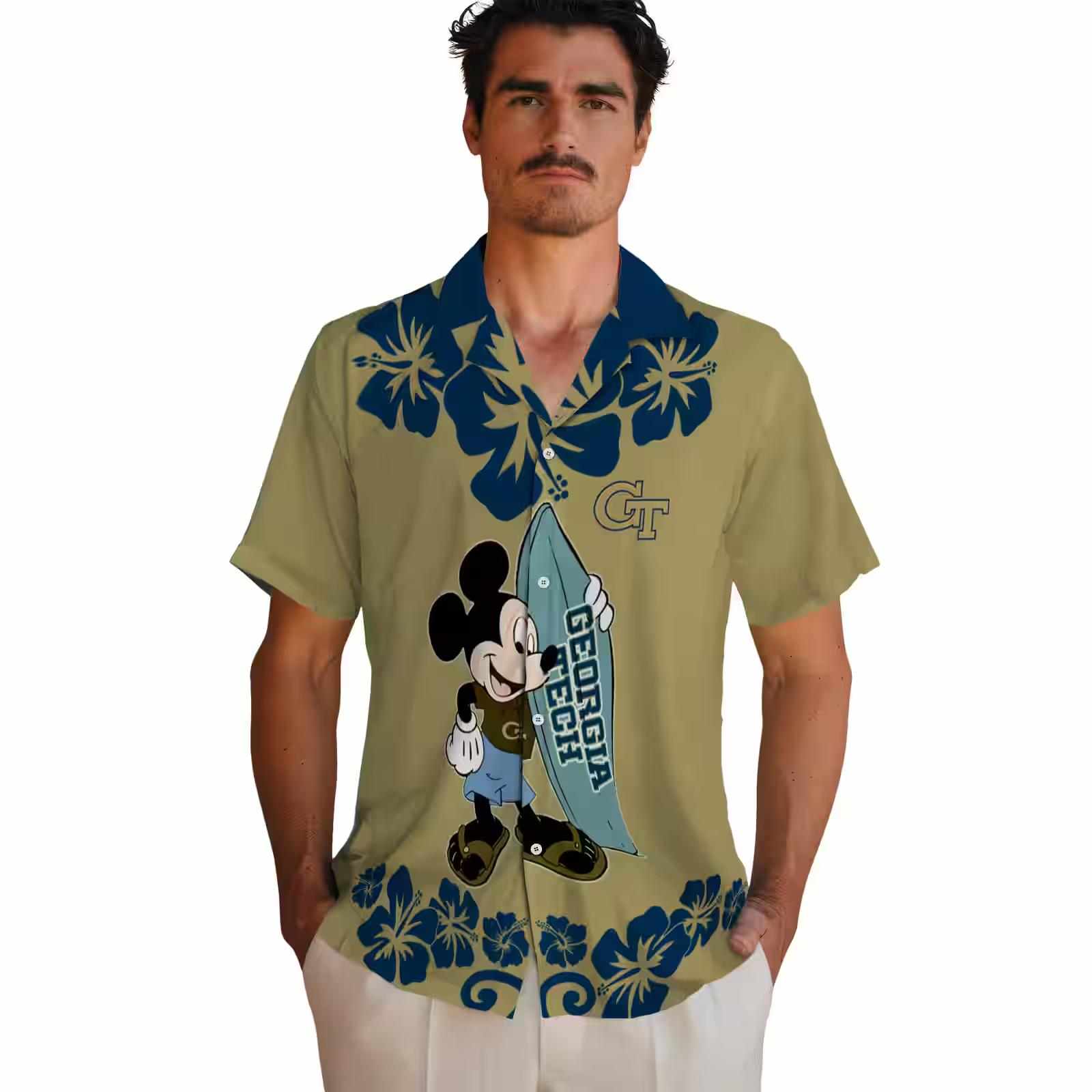 georgia tech yellow jackets surfing mickey gold hawaiian shirt fashion forward