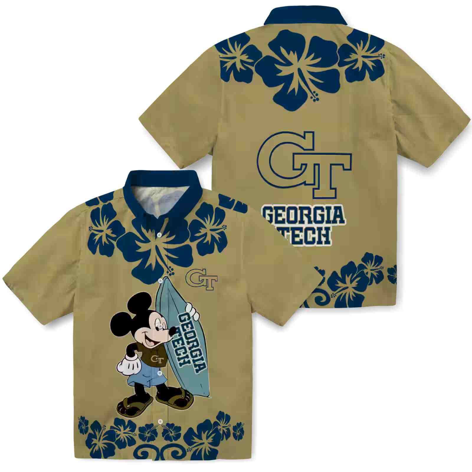 georgia tech yellow jackets surfing mickey gold hawaiian shirt high quality