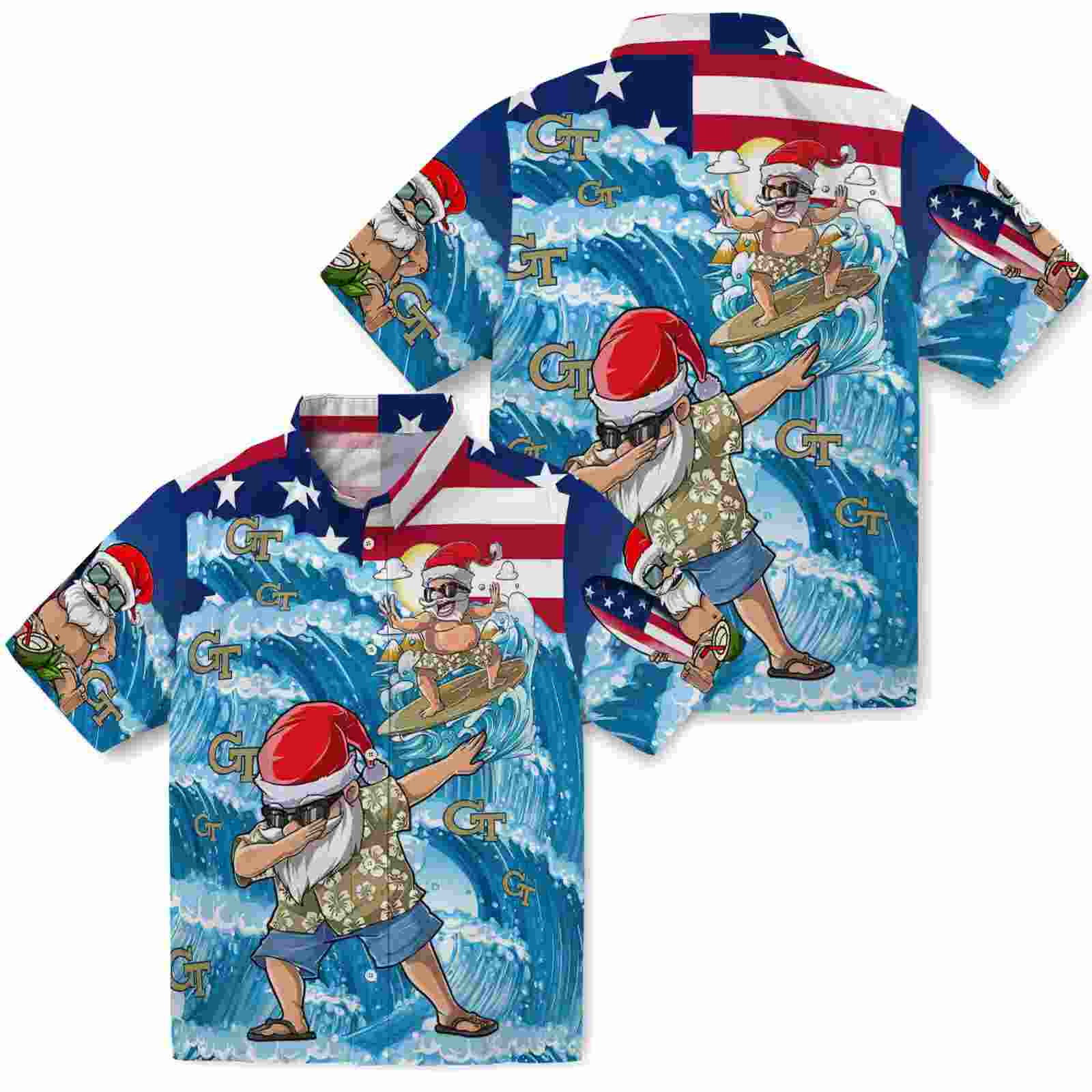 georgia tech yellow jackets surfing santa blue hawaiian shirt high quality