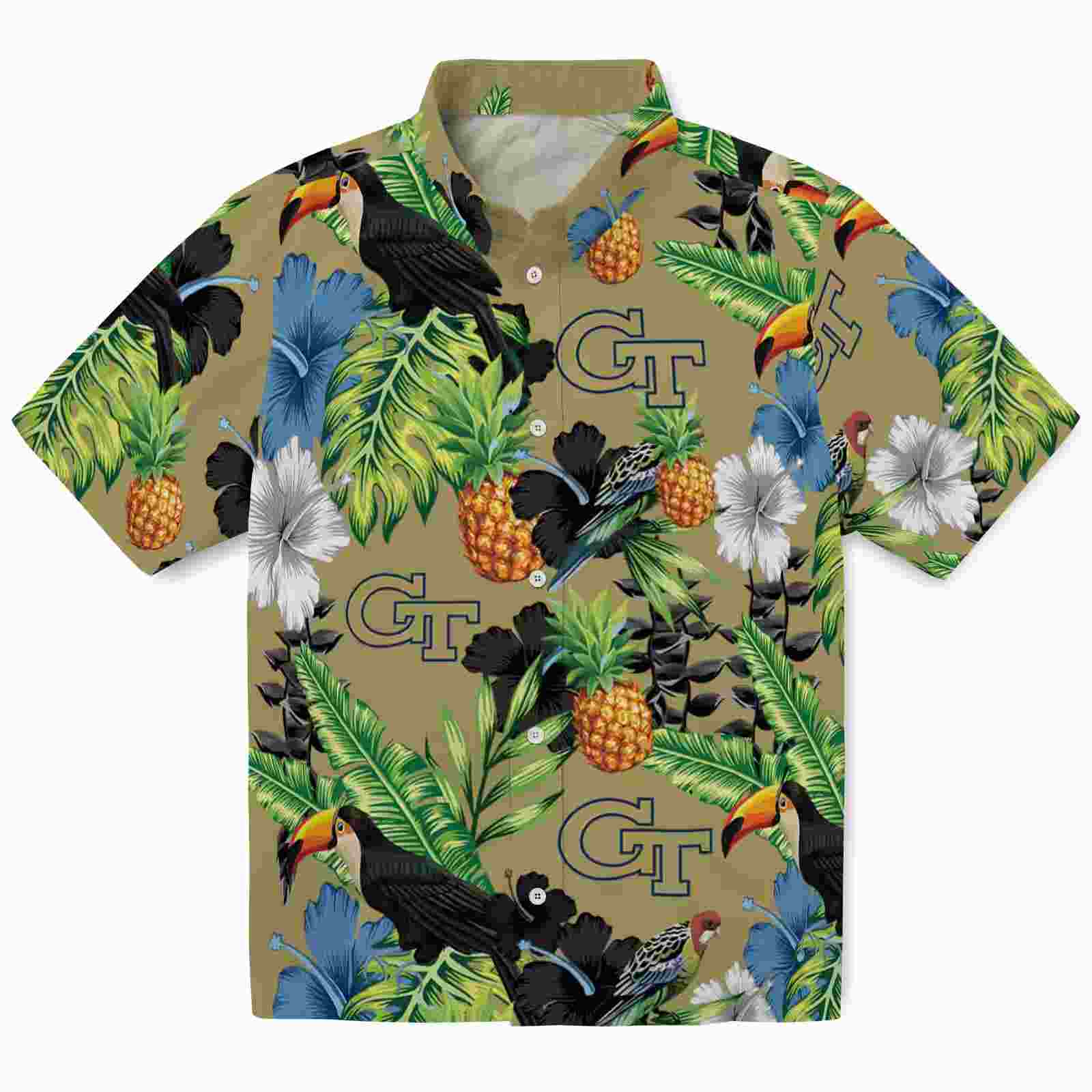 Georgia Tech Yellow Jackets Toucan Hibiscus Pineapple Gold Green Hawaiian Shirt