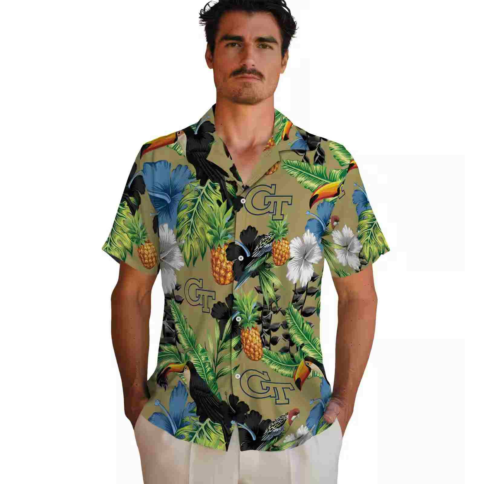 georgia tech yellow jackets toucan hibiscus pineapple gold green hawaiian shirt fashion forward