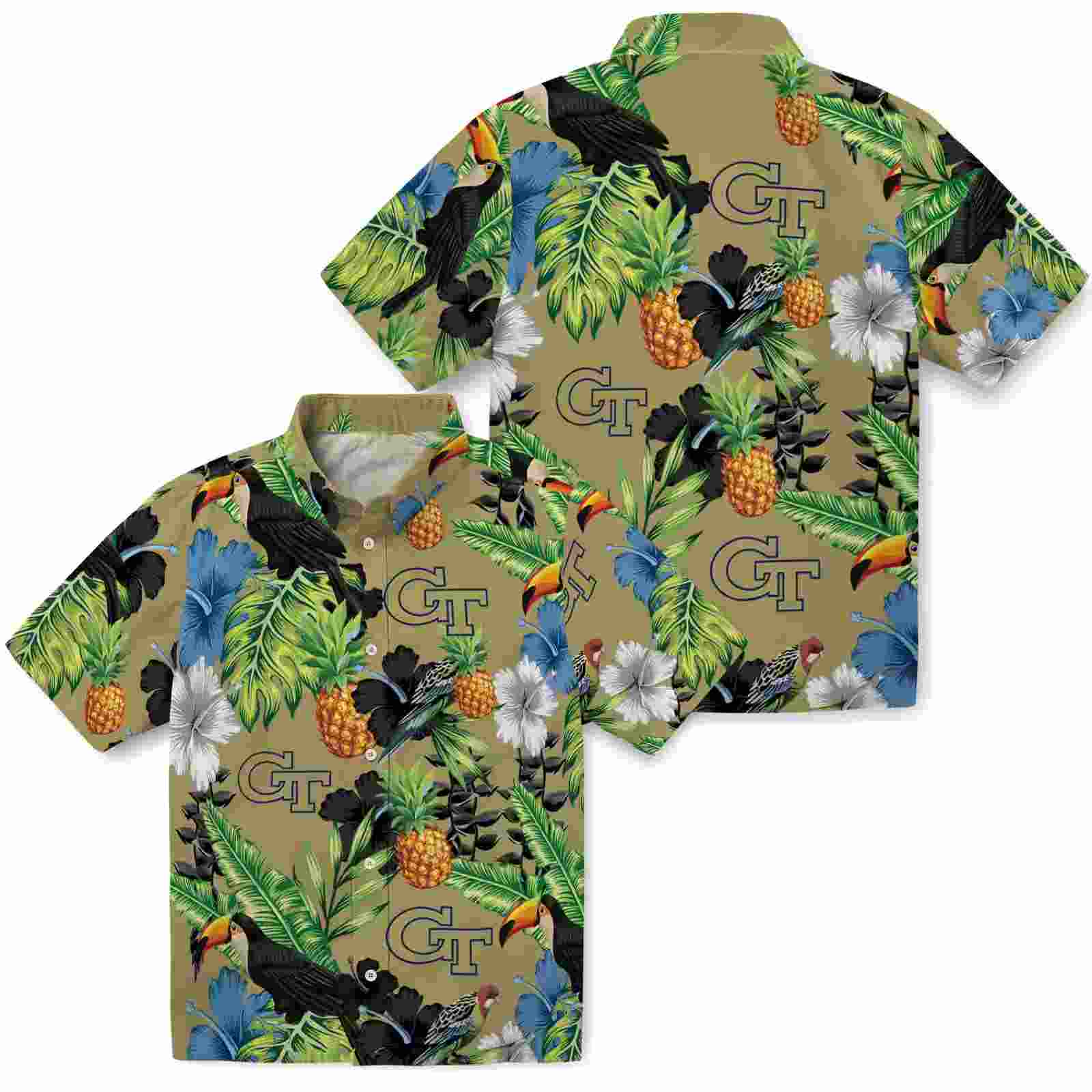 georgia tech yellow jackets toucan hibiscus pineapple gold green hawaiian shirt high quality