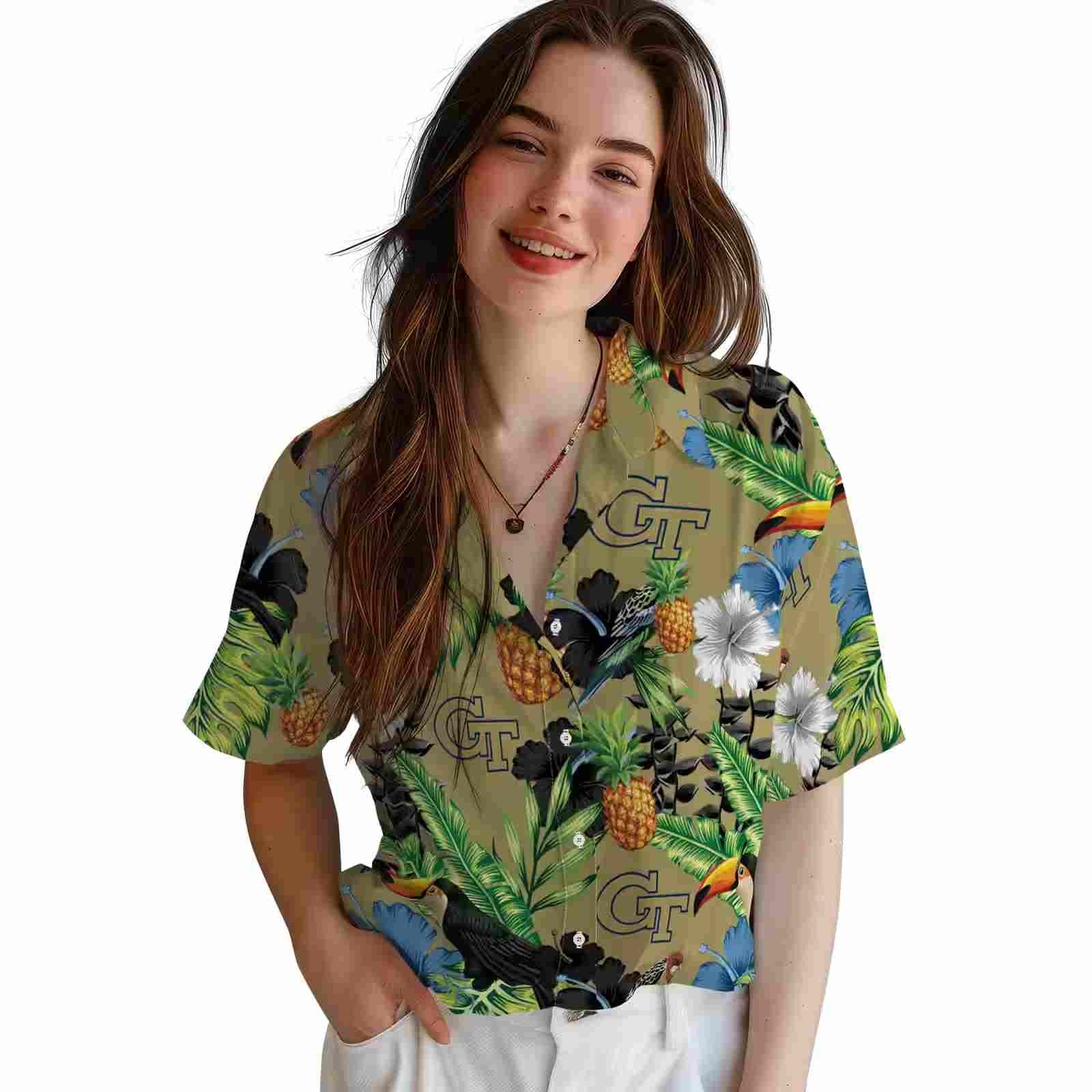 georgia tech yellow jackets toucan hibiscus pineapple gold green hawaiian shirt latest model