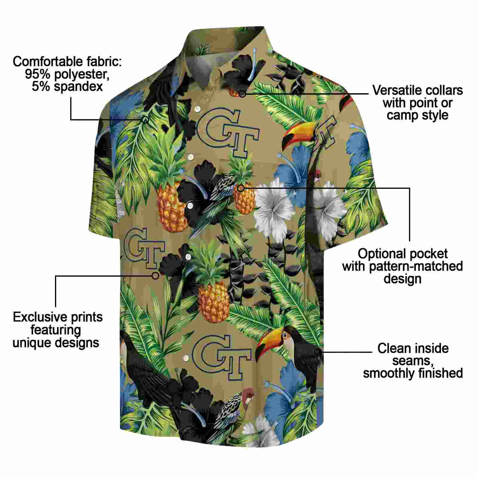 georgia tech yellow jackets toucan hibiscus pineapple gold green hawaiian shirt new arrival