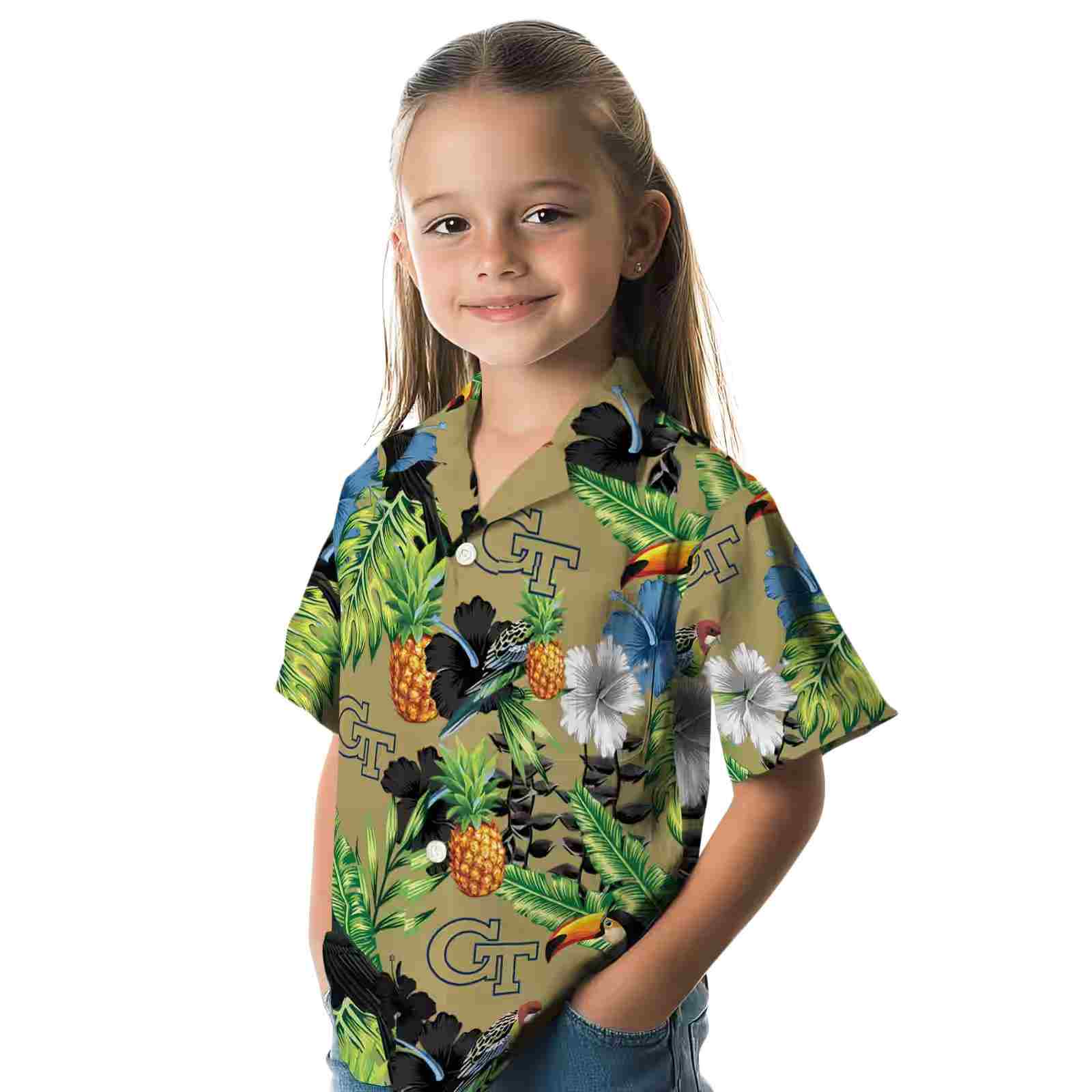 georgia tech yellow jackets toucan hibiscus pineapple gold green hawaiian shirt premium grade