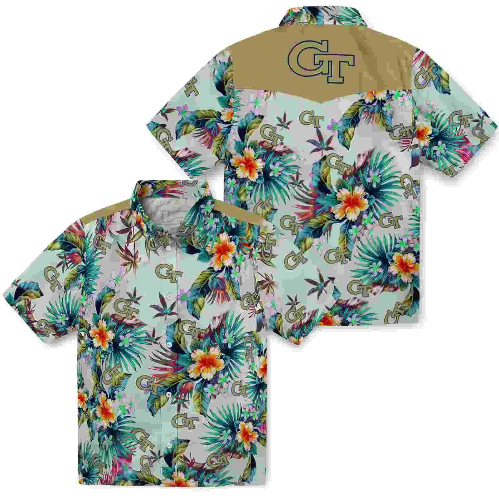 georgia tech yellow jackets tropical foliage green hawaiian shirt high quality