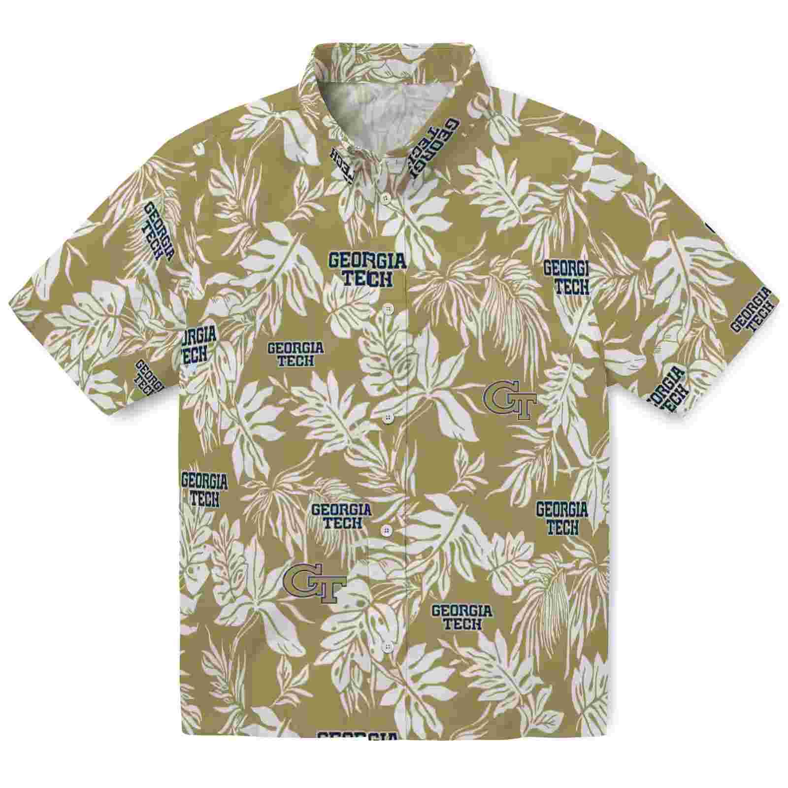 Georgia Tech Yellow Jackets Tropical Leaf Gold White Hawaiian Shirt