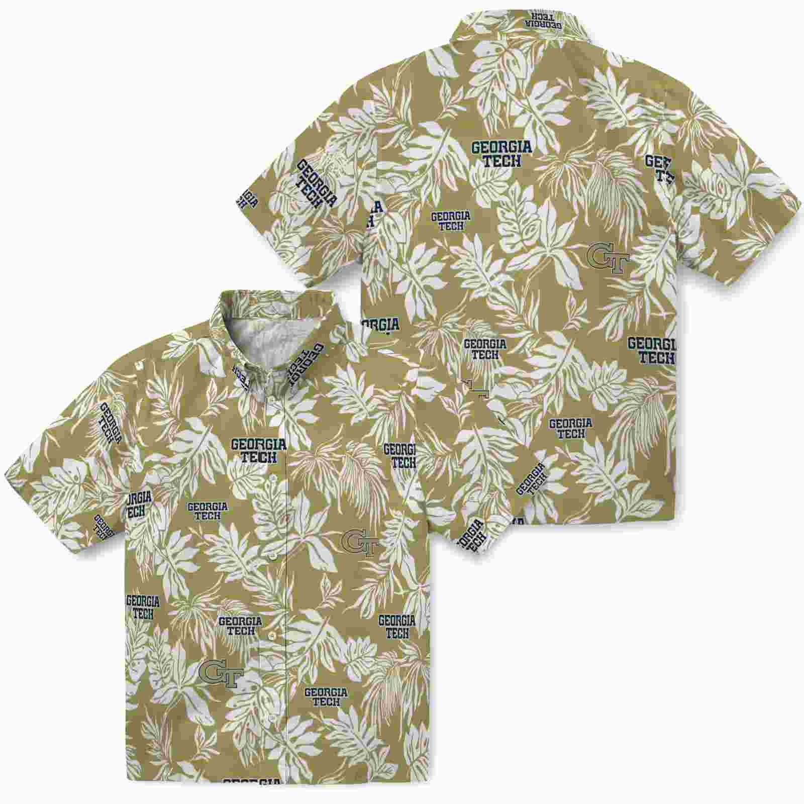 georgia tech yellow jackets tropical leaf gold white hawaiian shirt high quality