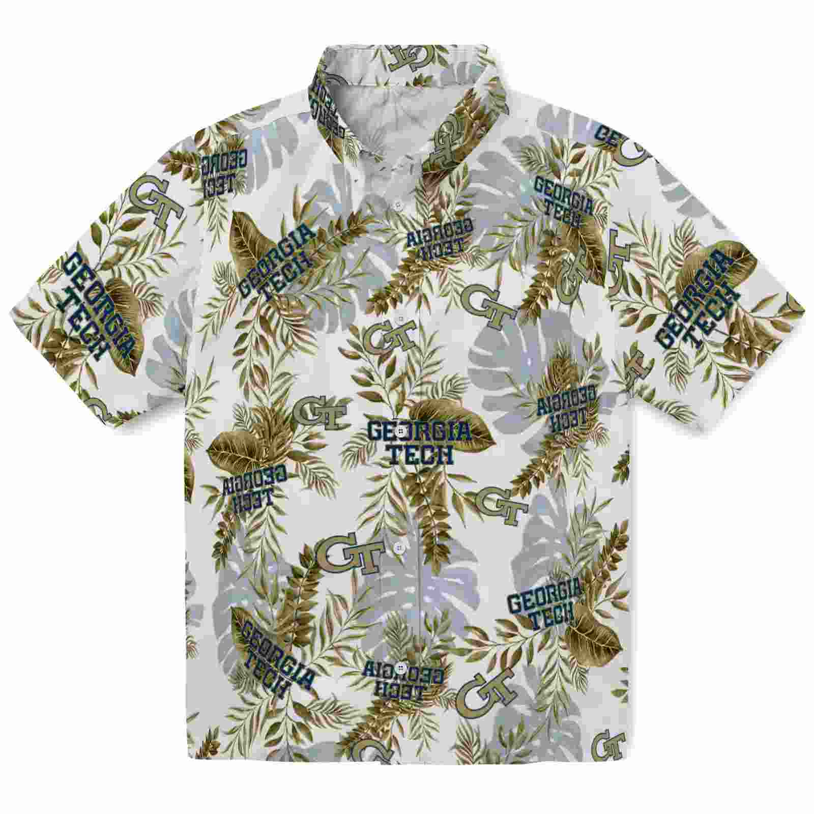 Georgia Tech Yellow Jackets Tropical Leaves Gold White Hawaiian Shirt