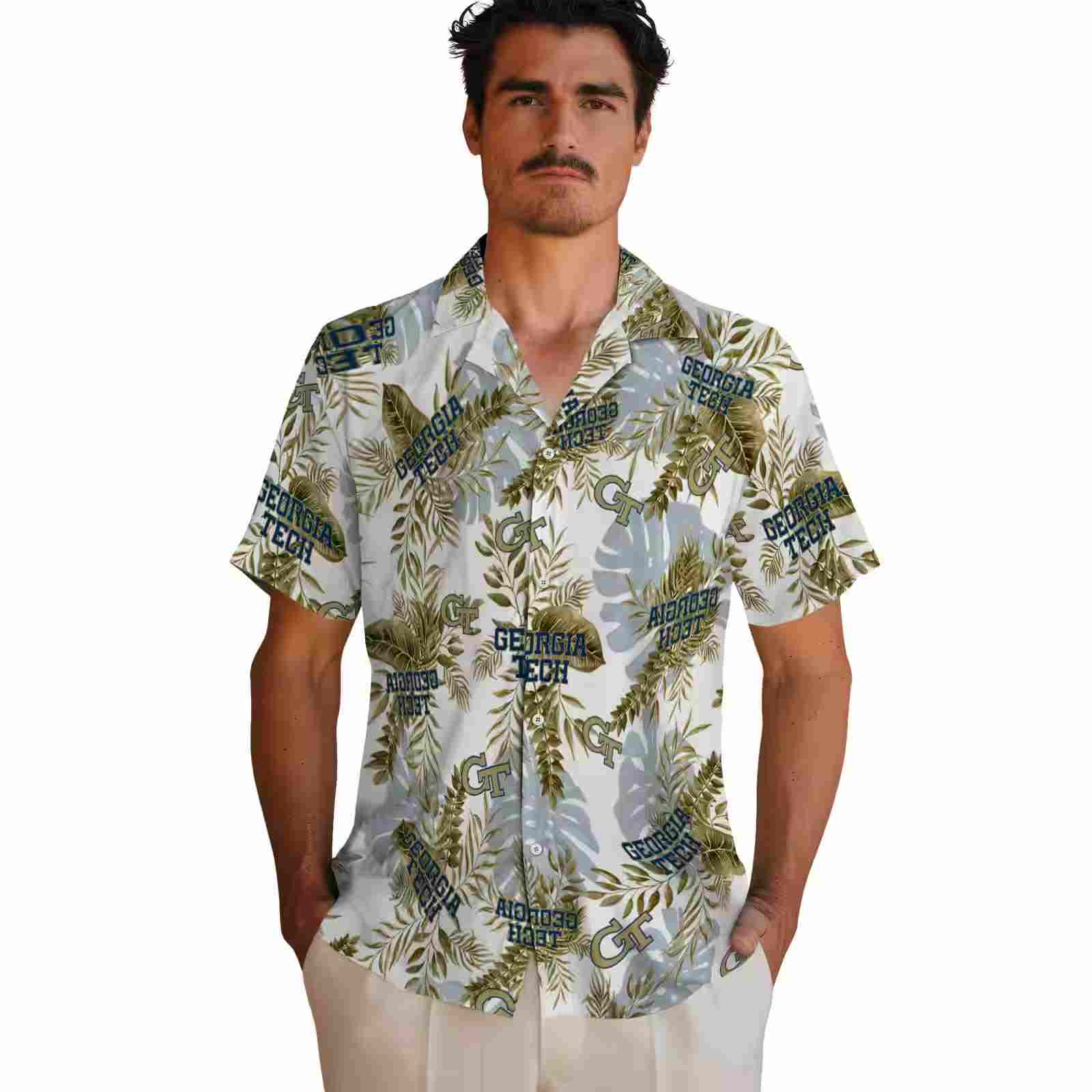 georgia tech yellow jackets tropical leaves gold white hawaiian shirt fashion forward