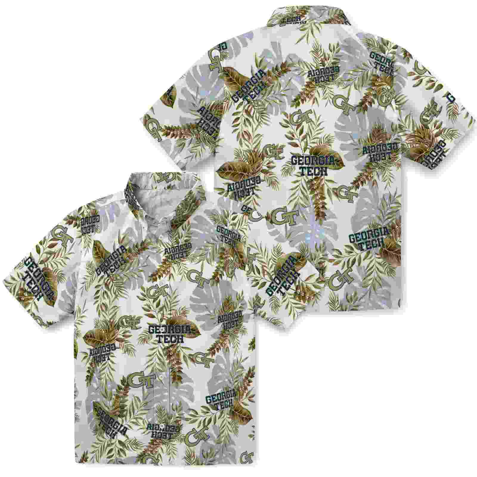 georgia tech yellow jackets tropical leaves gold white hawaiian shirt high quality