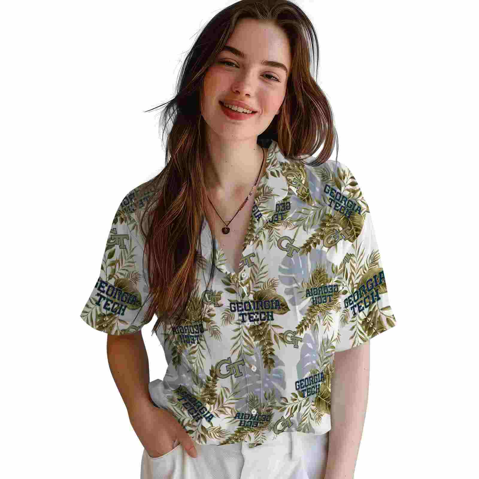 georgia tech yellow jackets tropical leaves gold white hawaiian shirt latest model