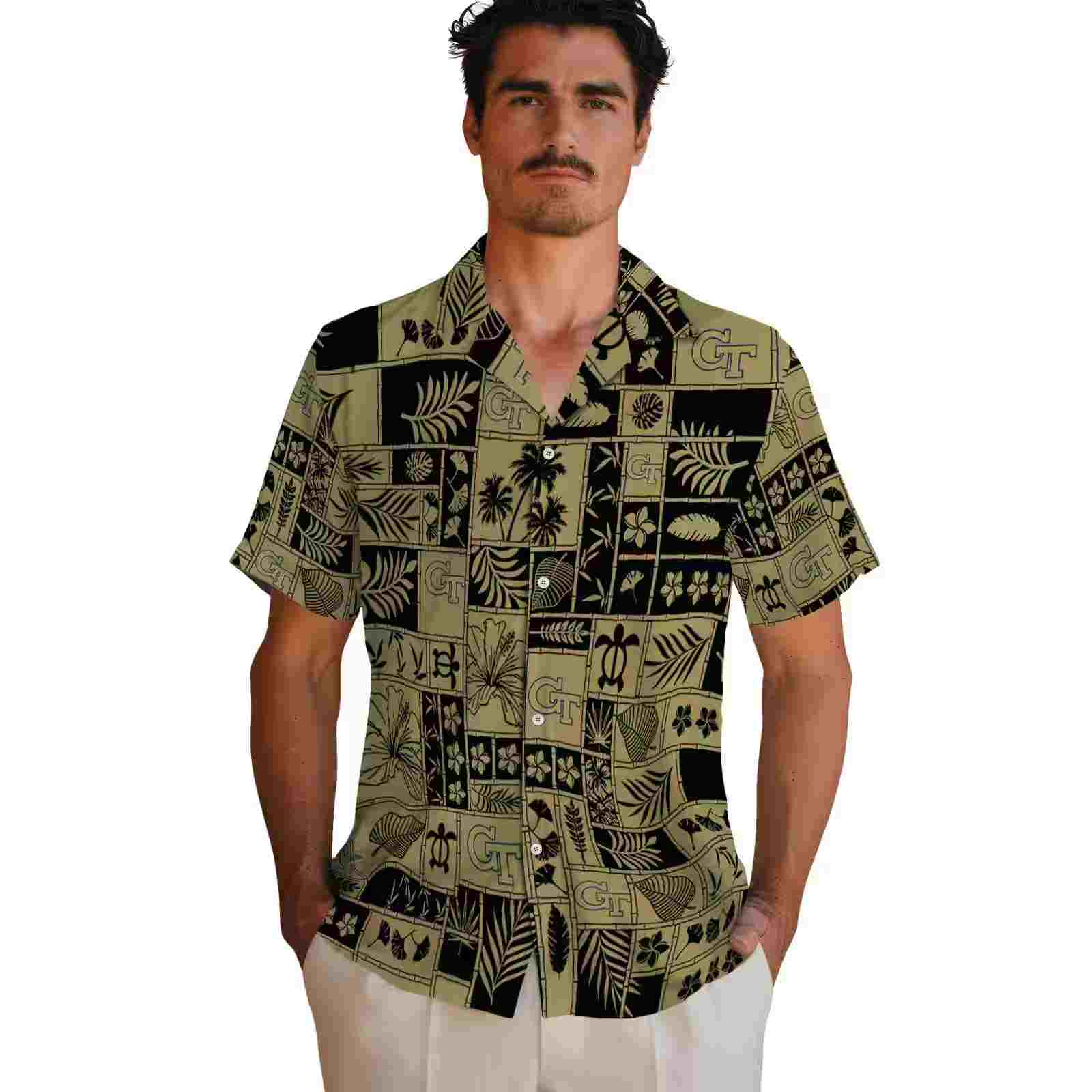 georgia tech yellow jackets tropical patchwork gold black hawaiian shirt fashion forward