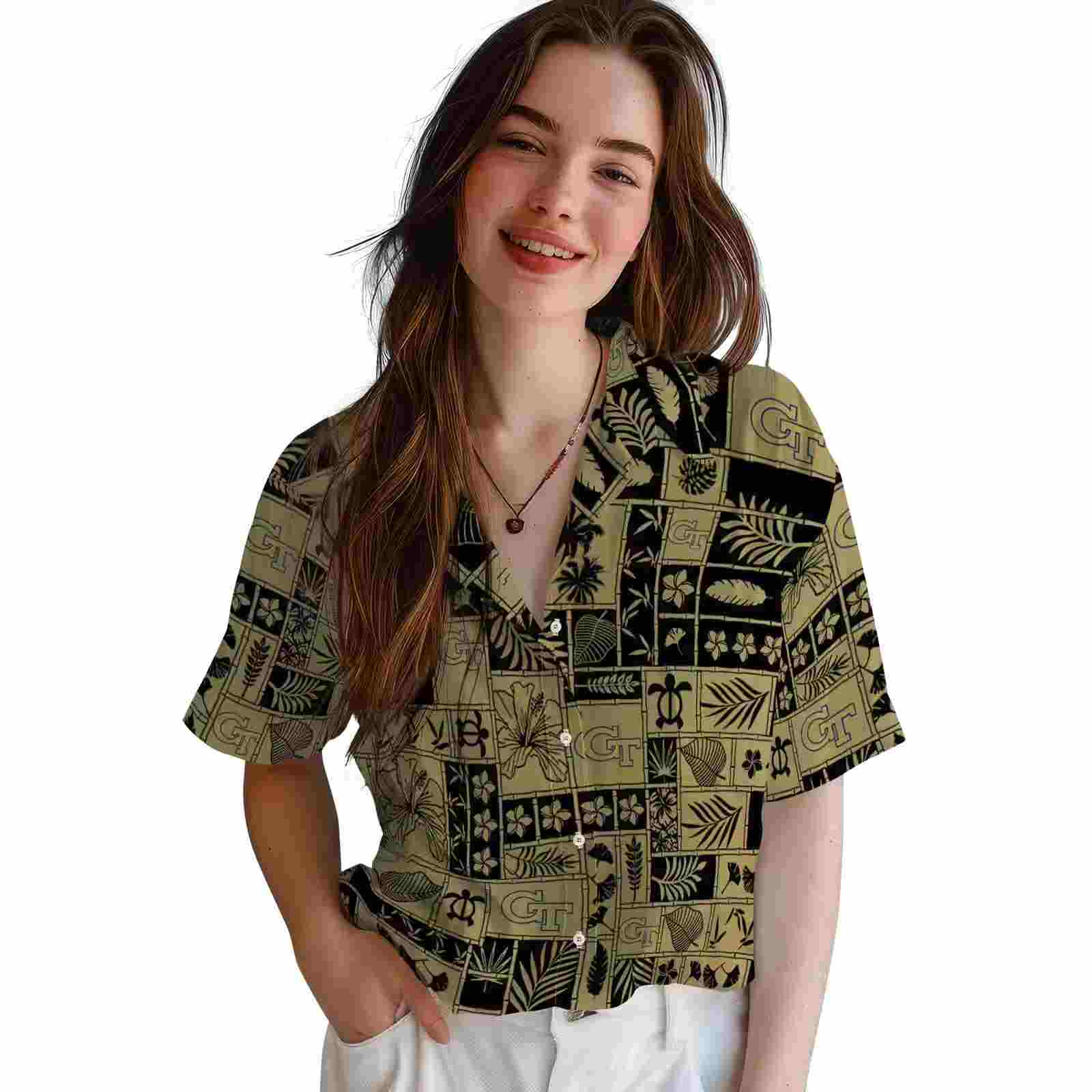 georgia tech yellow jackets tropical patchwork gold black hawaiian shirt latest model