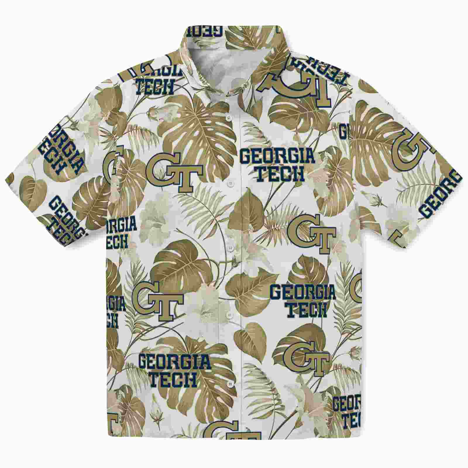 Georgia Tech Yellow Jackets Tropical Plants Gold White Hawaiian Shirt