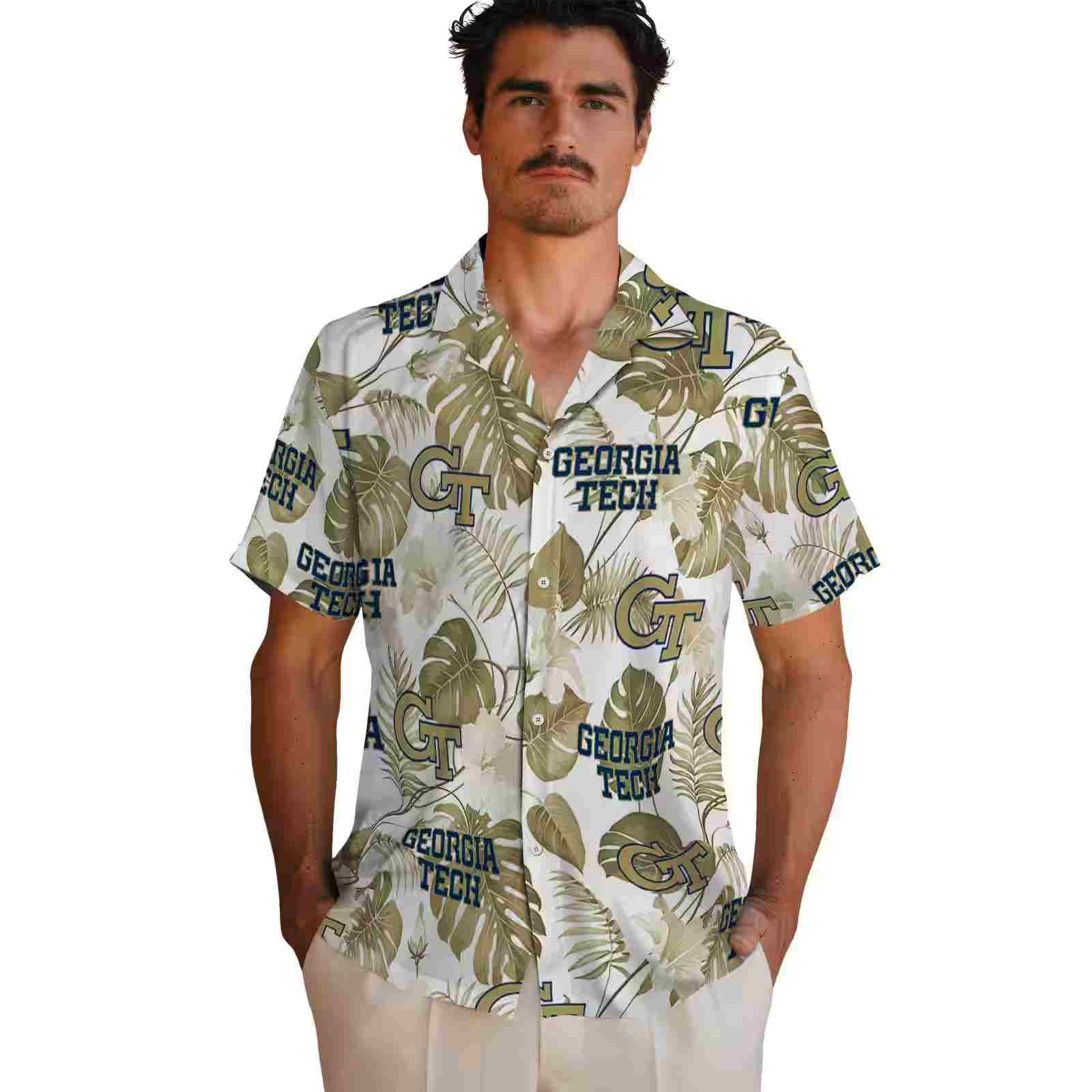 georgia tech yellow jackets tropical plants gold white hawaiian shirt fashion forward