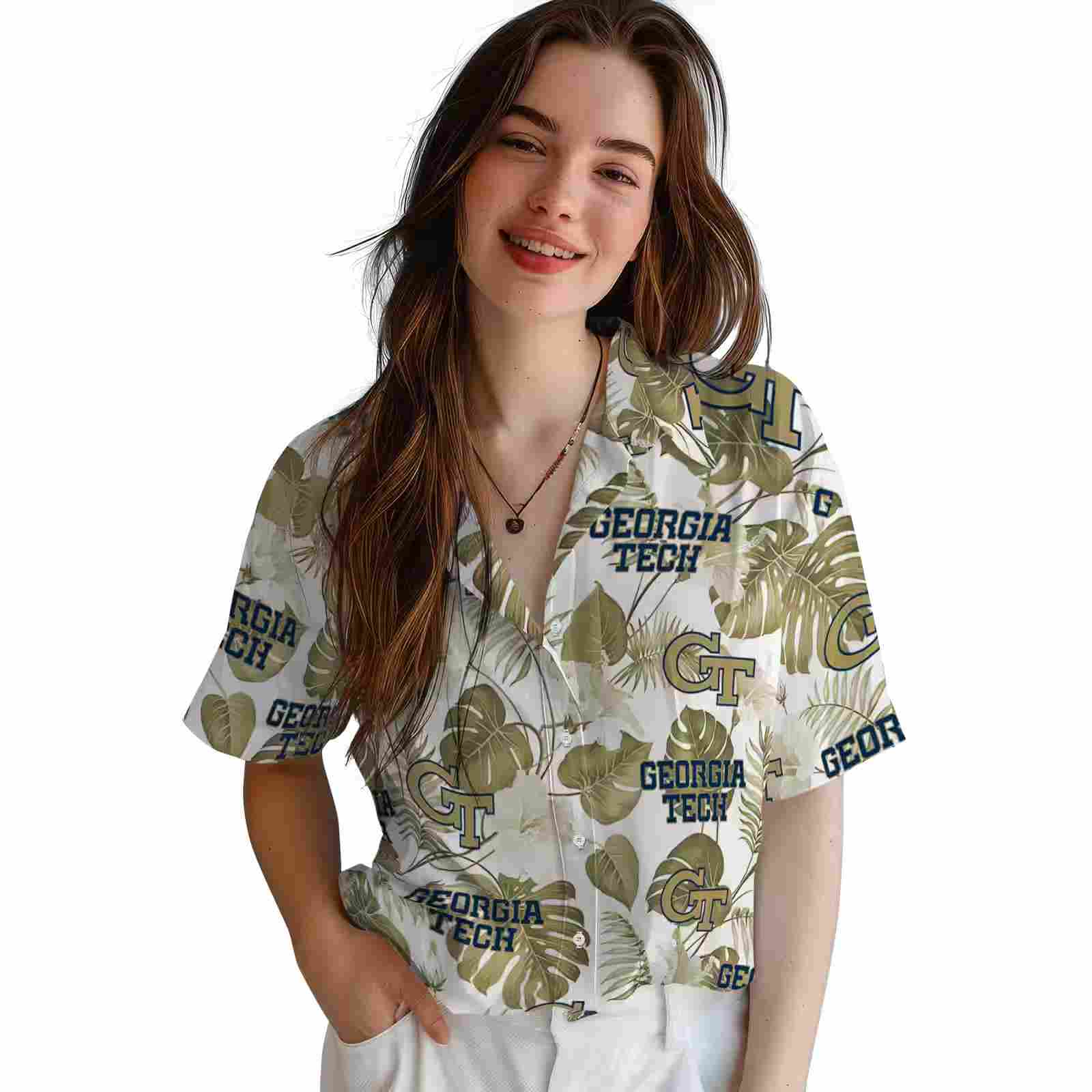 georgia tech yellow jackets tropical plants gold white hawaiian shirt latest model