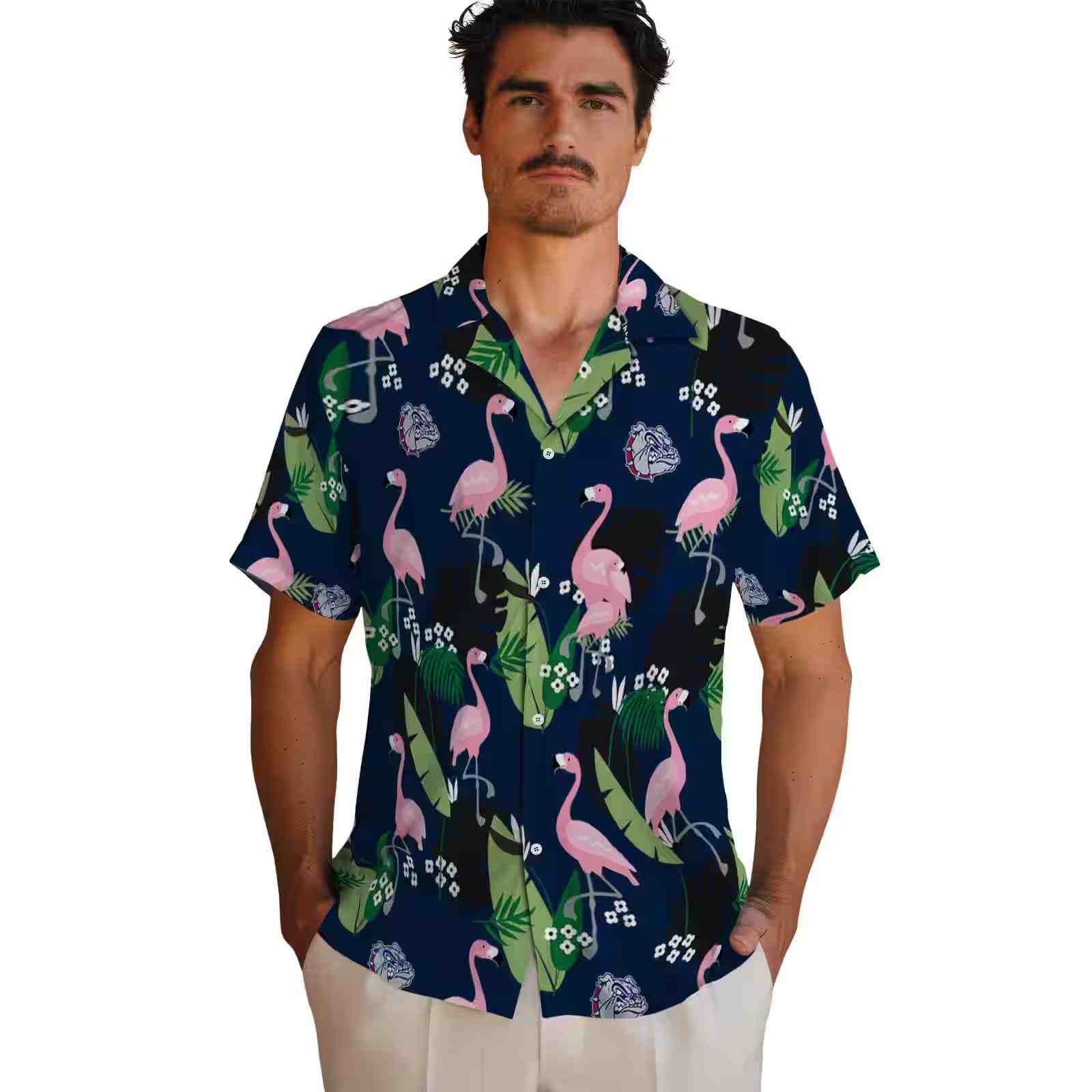 gonzaga bulldogs flamingo leaf motif blue hawaiian shirt fashion forward