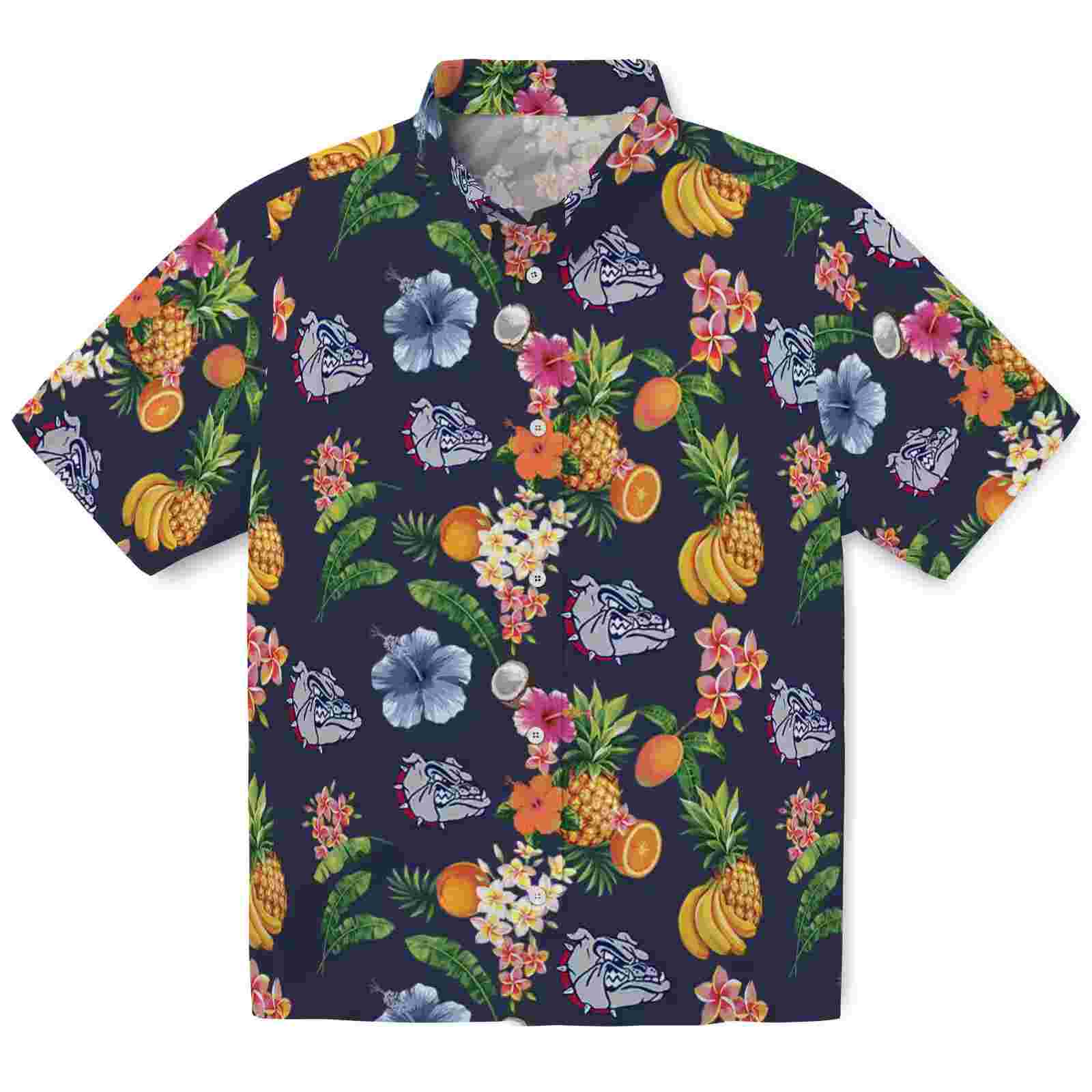 Gonzaga Bulldogs Hibiscus And Fruit Navy Blue Hawaiian Shirt