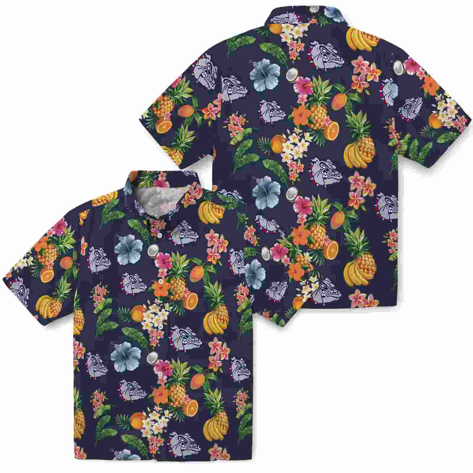 gonzaga bulldogs hibiscus and fruit navy blue hawaiian shirt high quality