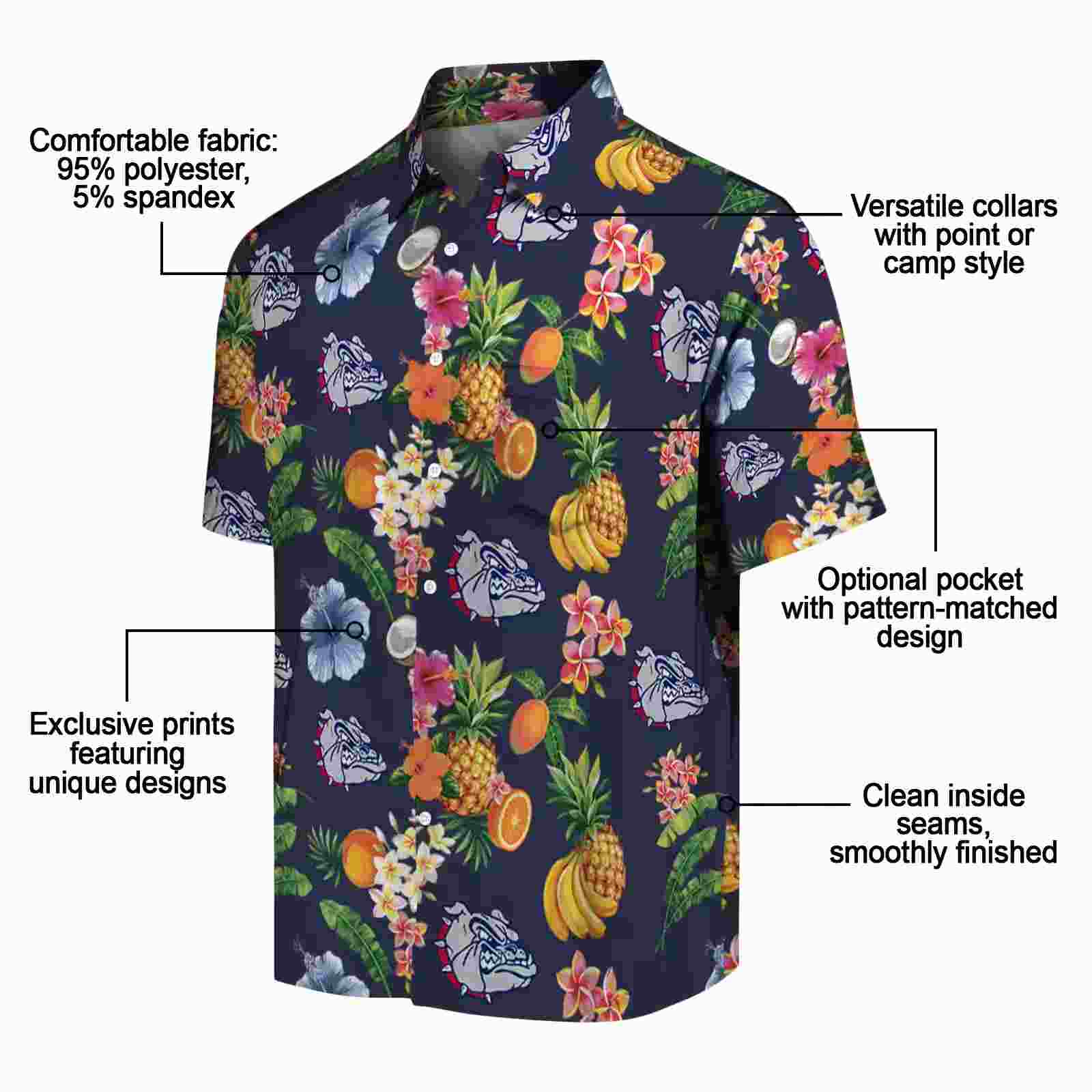 gonzaga bulldogs hibiscus and fruit navy blue hawaiian shirt new arrival