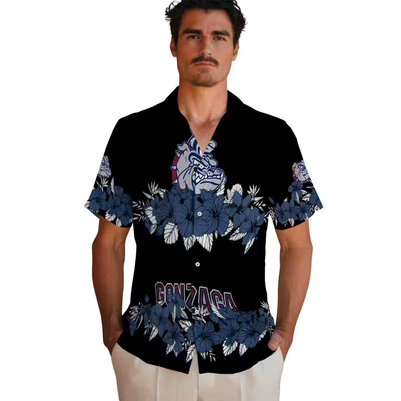 gonzaga bulldogs hibiscus stripe blue black hawaiian shirt fashion forward