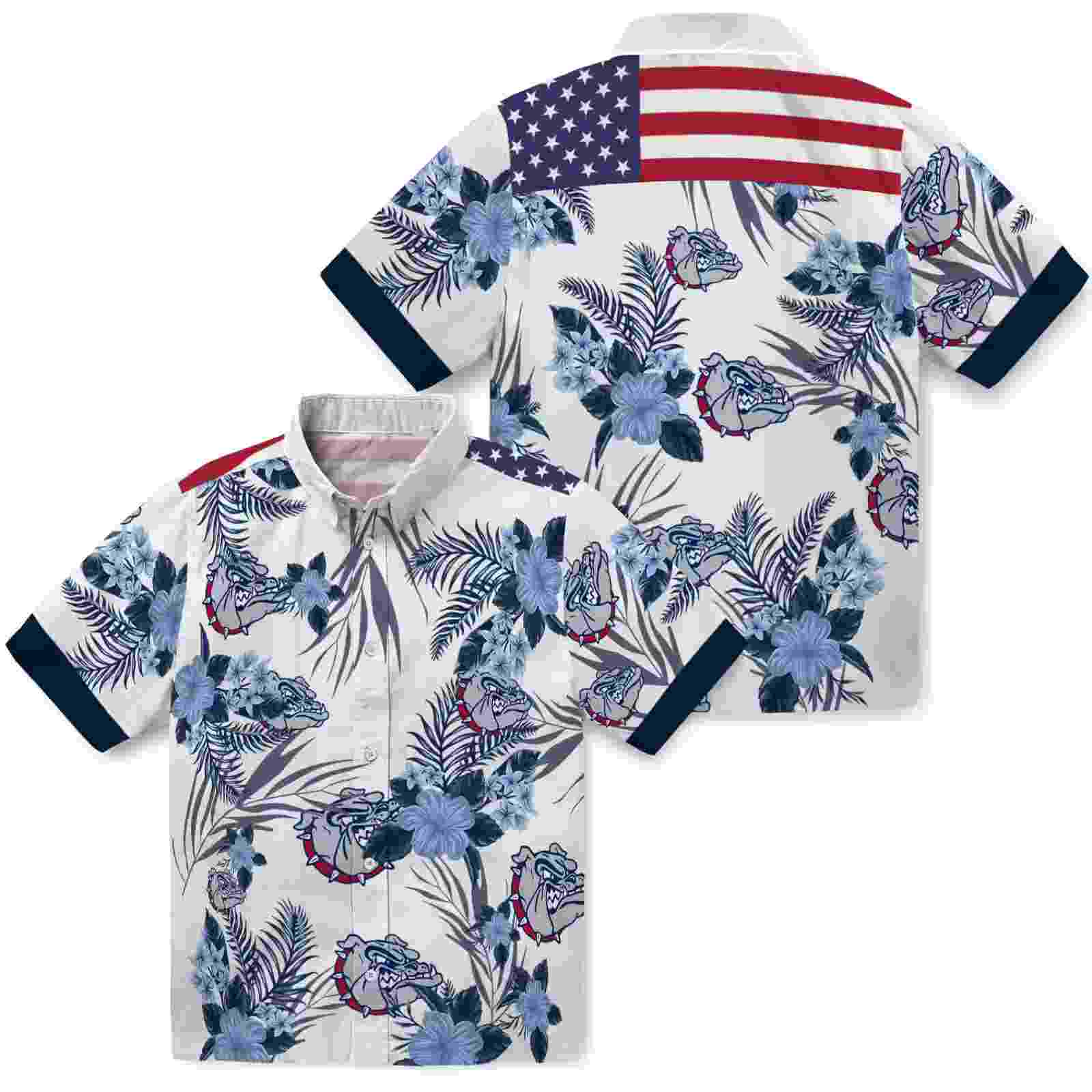 gonzaga bulldogs patriotic hibiscus design blue white hawaiian shirt high quality