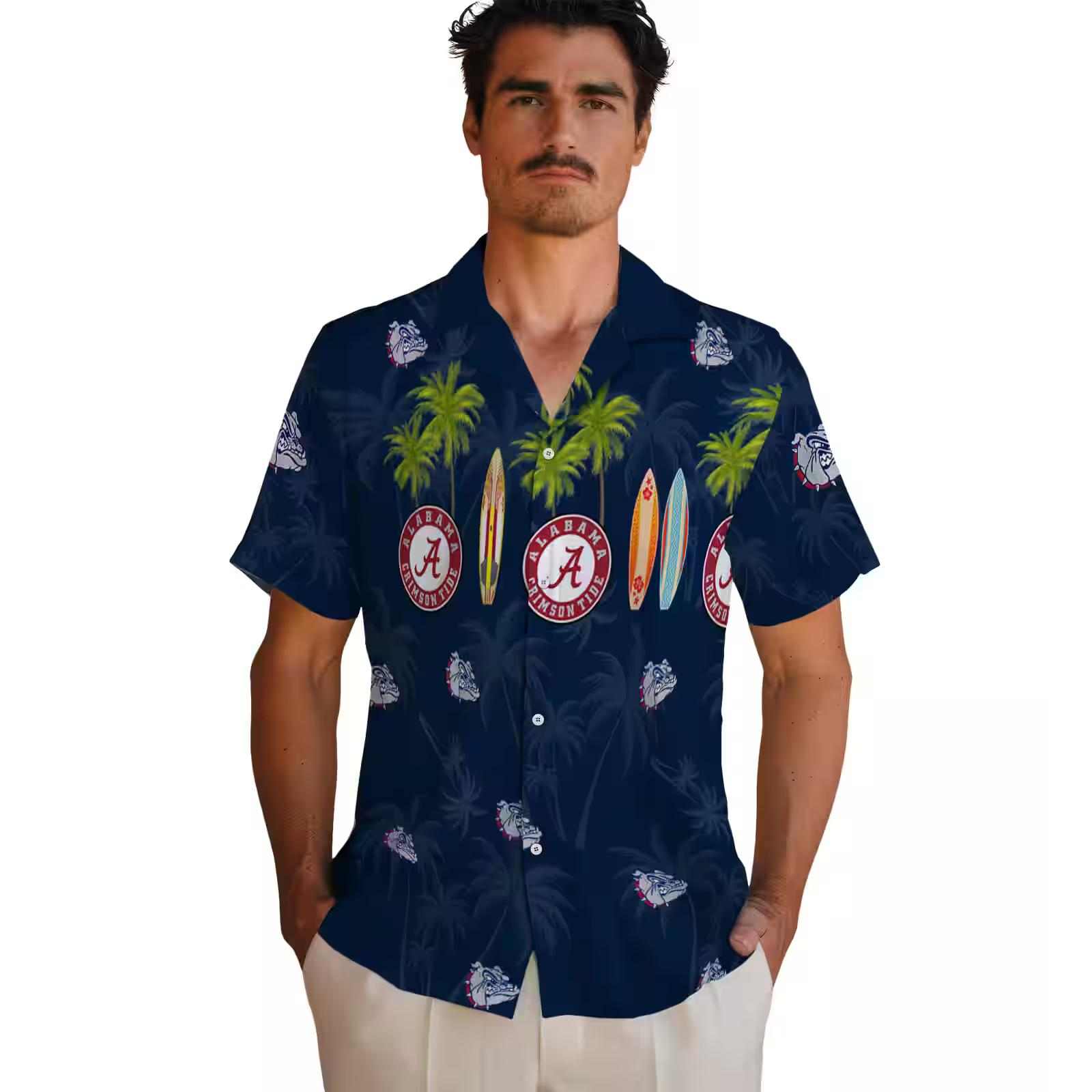 gonzaga bulldogs surfboard palm blue hawaiian shirt fashion forward