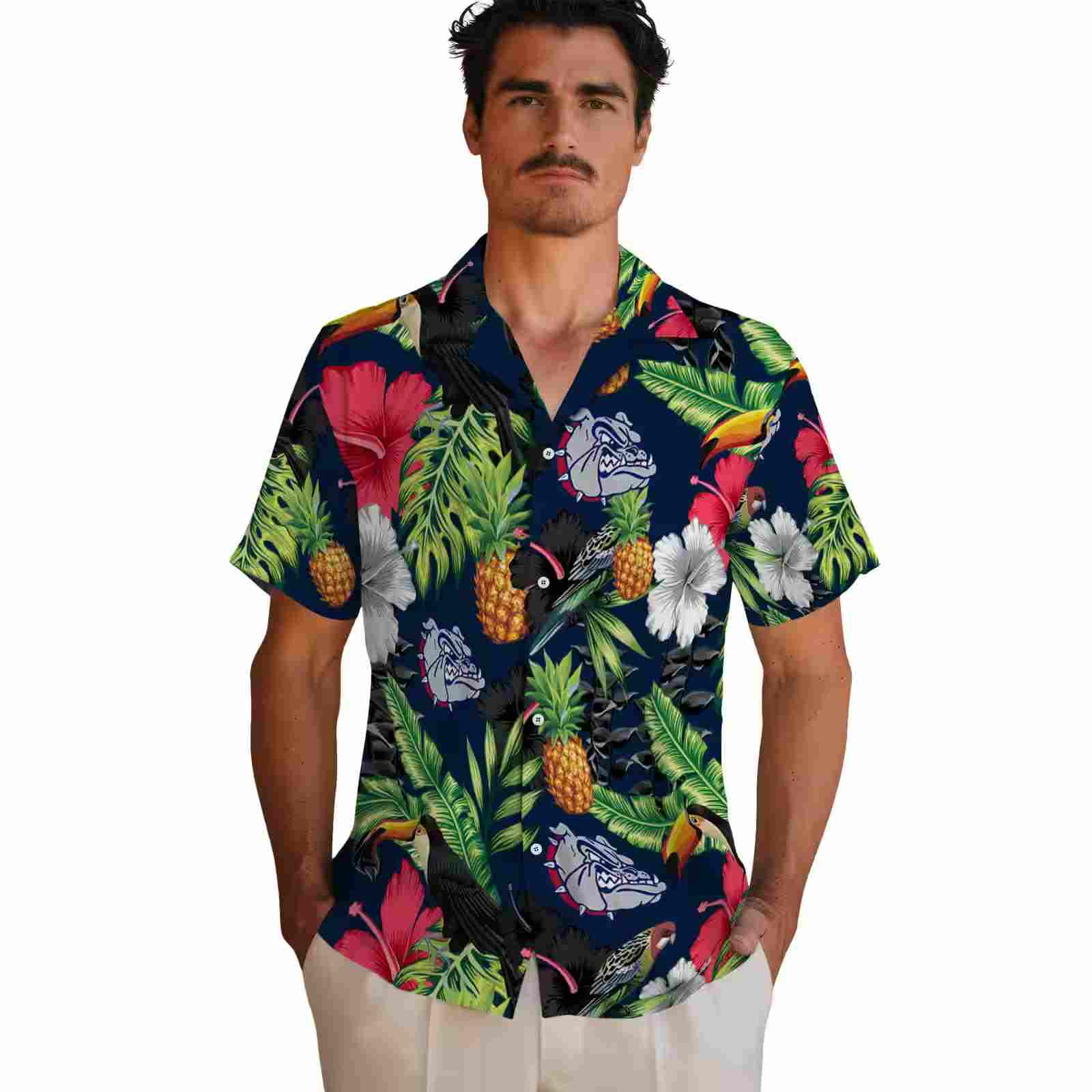 gonzaga bulldogs toucan hibiscus pineapple blue green hawaiian shirt fashion forward