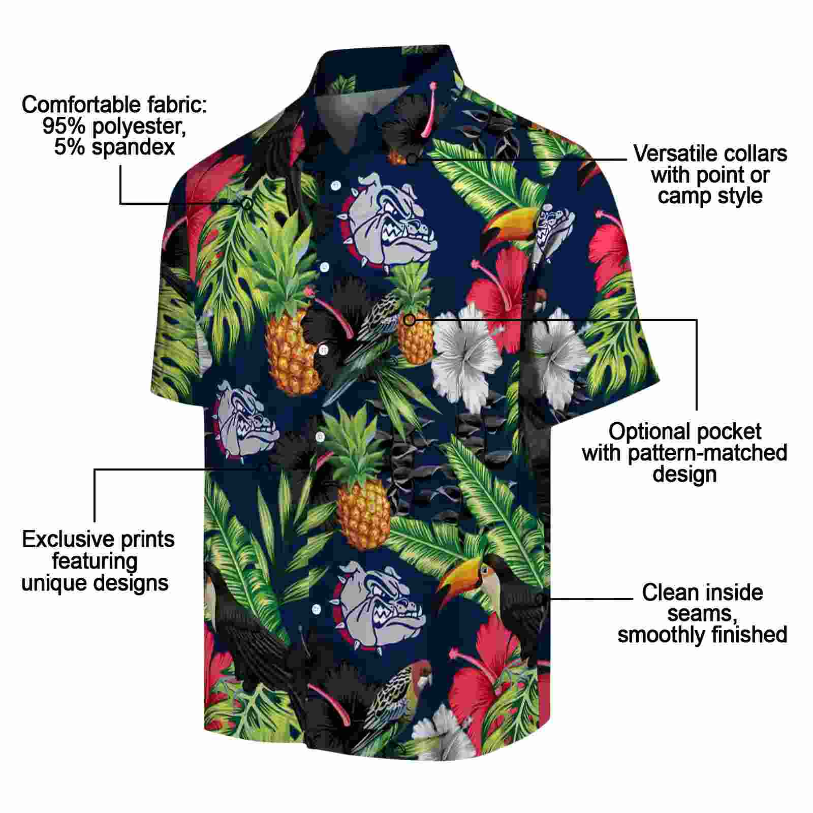 gonzaga bulldogs toucan hibiscus pineapple blue green hawaiian shirt new arrival