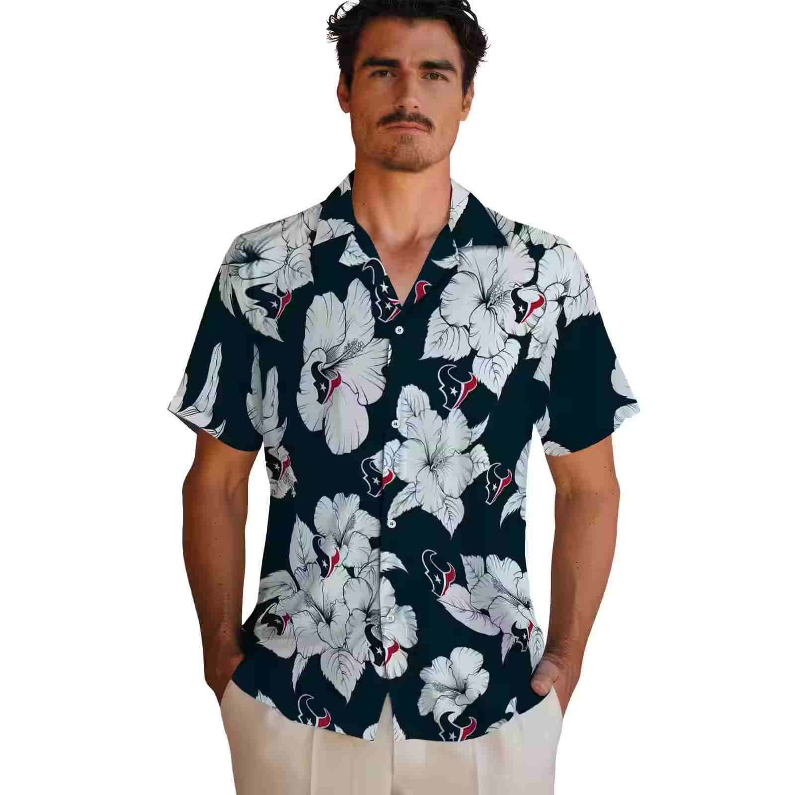 houston texans hibiscus blooms blue white hawaiian shirt fashion forward