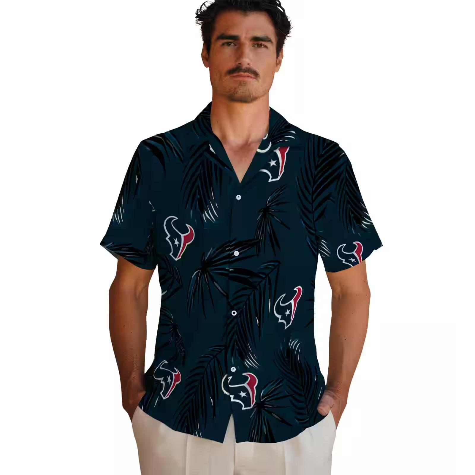 houston texans palm leaf blue hawaiian shirt fashion forward