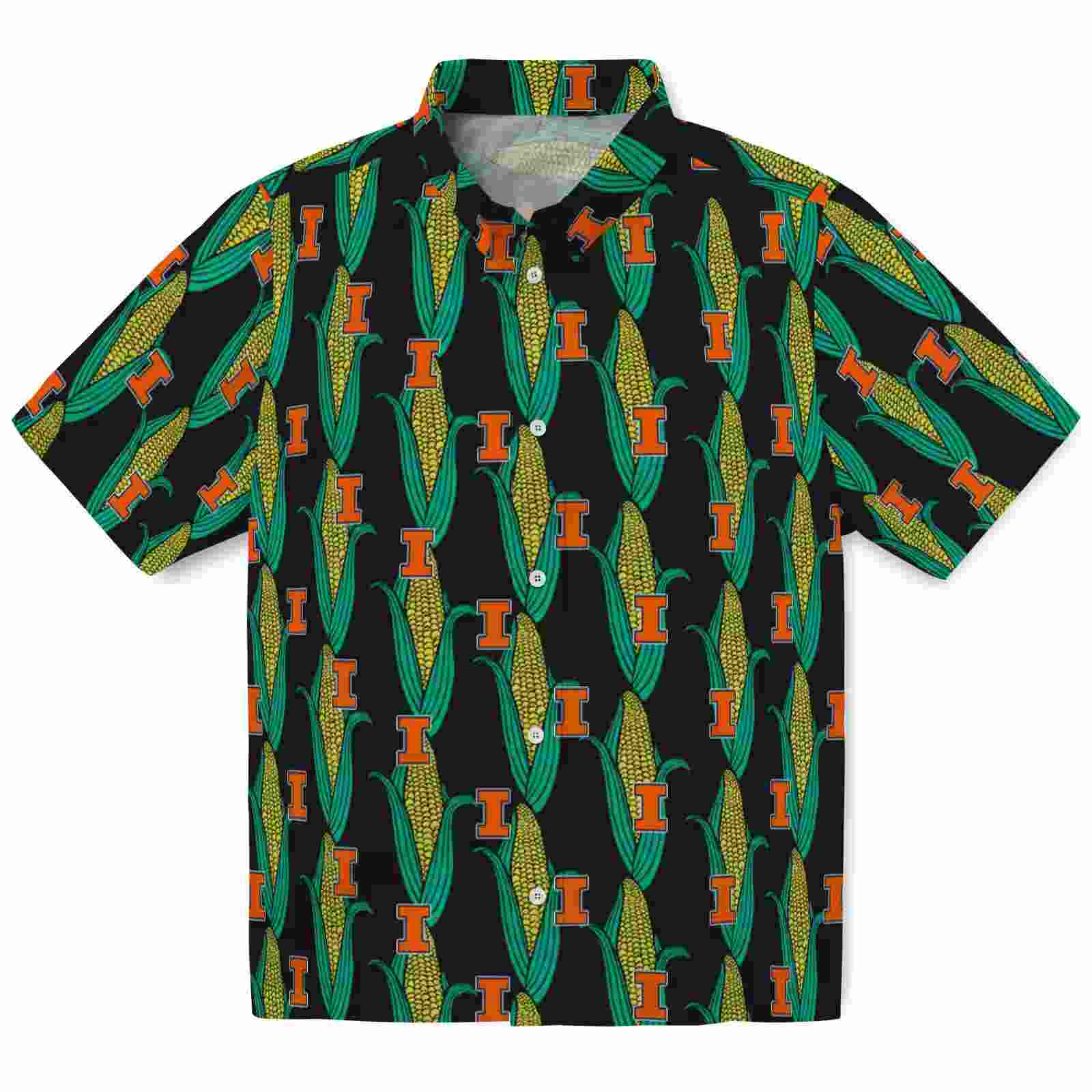 Illinois Fighting Illini Corn Motifs Black Green Hawaiian Shirt