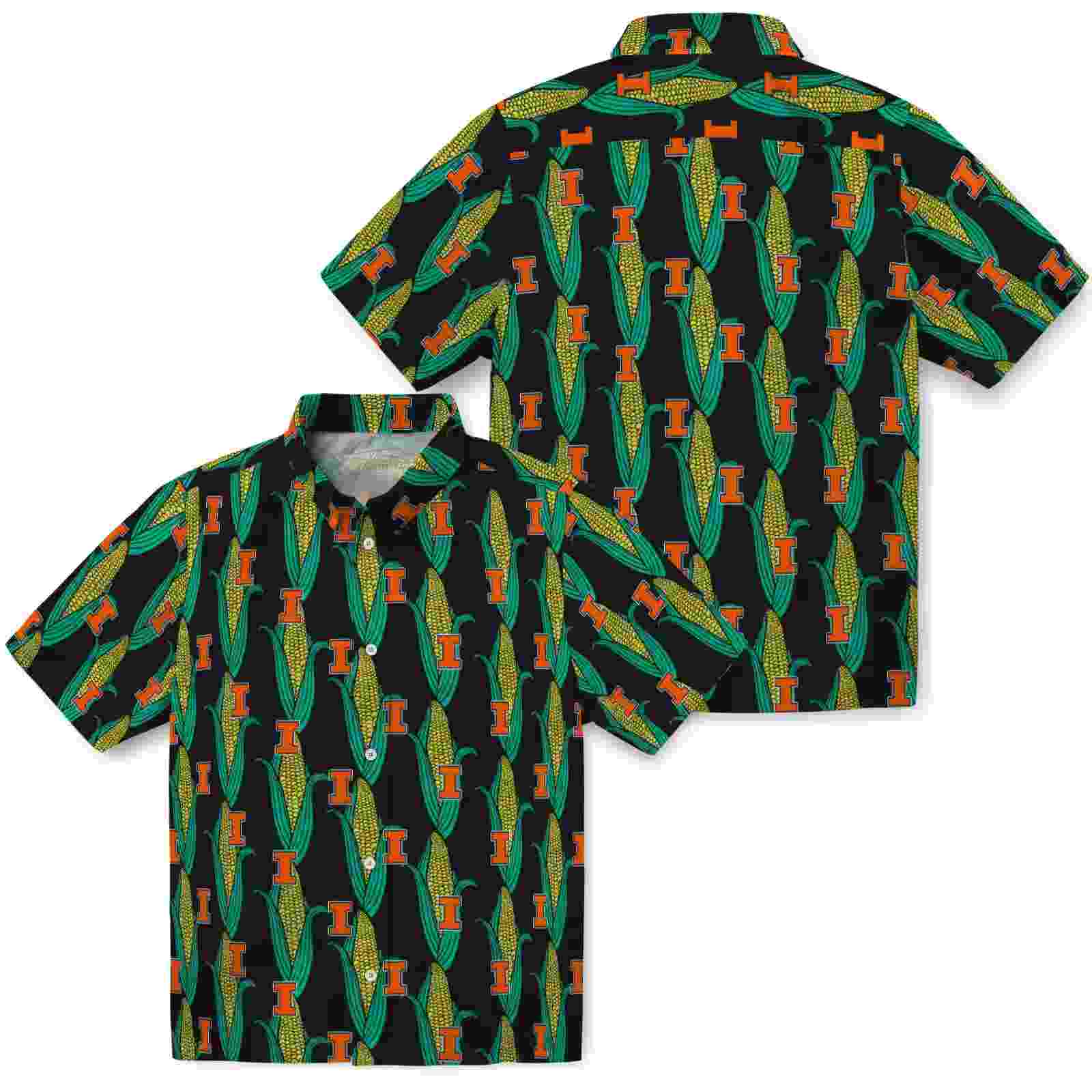 illinois fighting illini corn motifs black green hawaiian shirt high quality