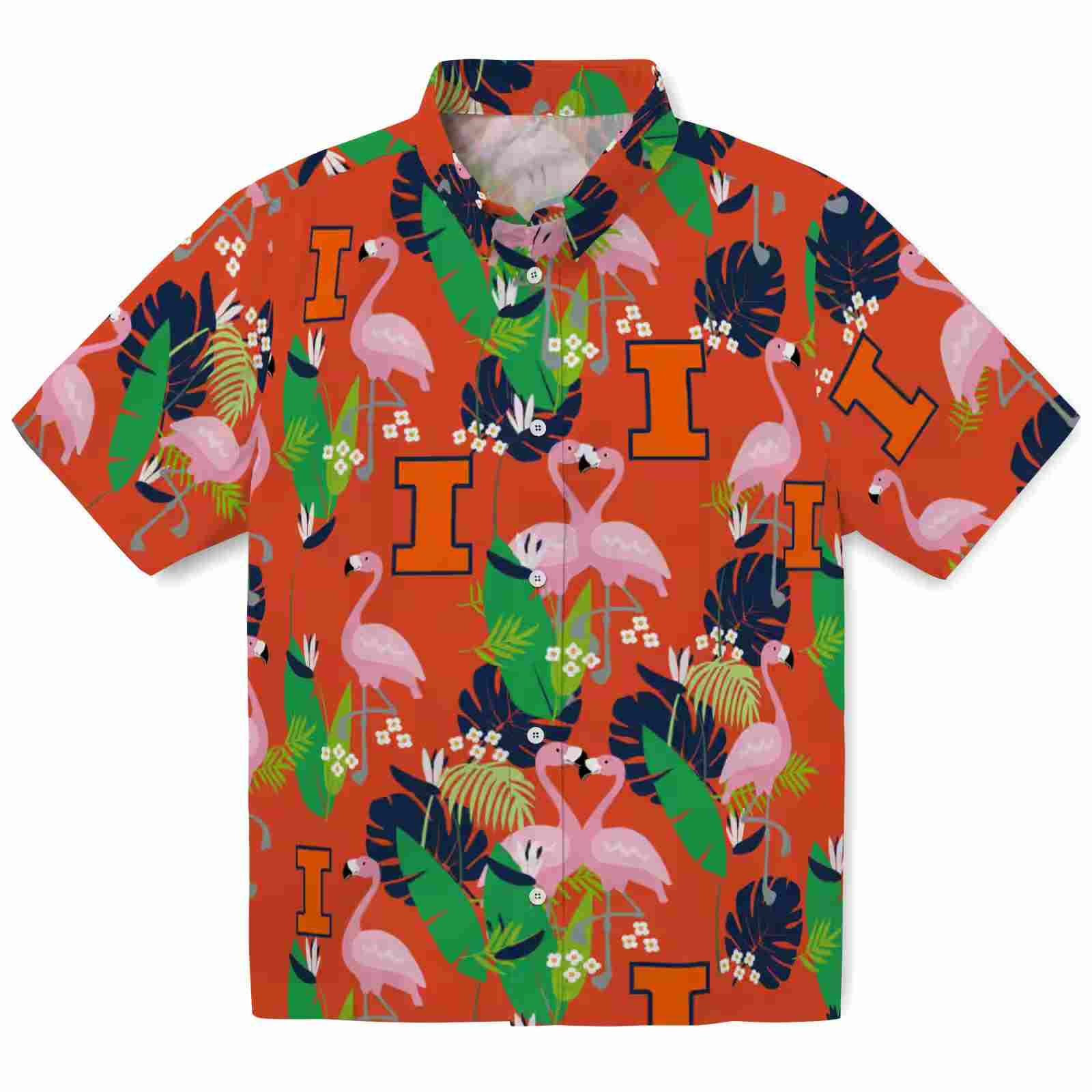 Illinois Fighting Illini Flamingo Foliage Blue Green Hawaiian Shirt