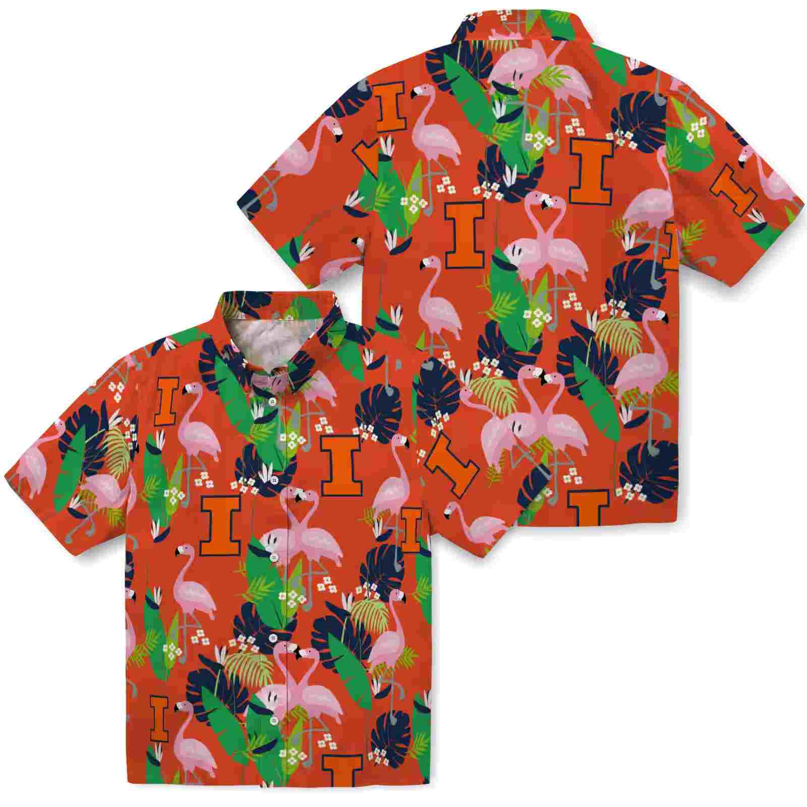 illinois fighting illini flamingo foliage blue green hawaiian shirt high quality