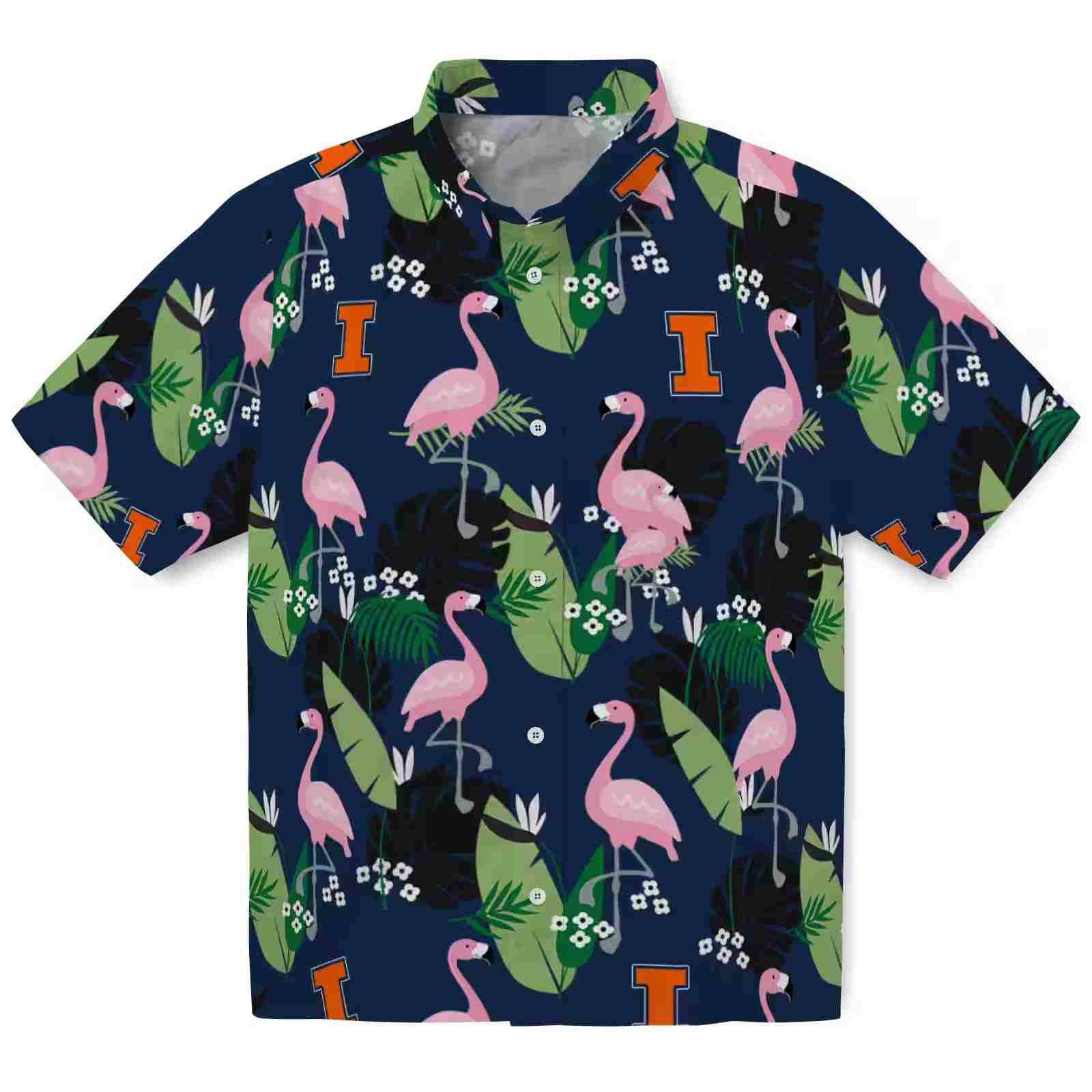 Illinois Fighting Illini Flamingo Leaf Motif Blue Hawaiian Shirt