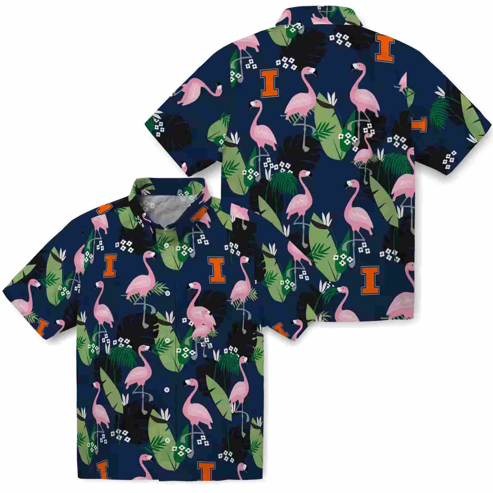 illinois fighting illini flamingo leaf motif blue hawaiian shirt high quality