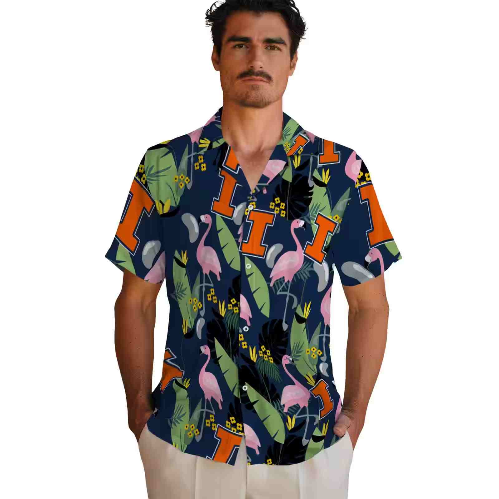 illinois fighting illini flamingo leaves blue hawaiian shirt fashion forward