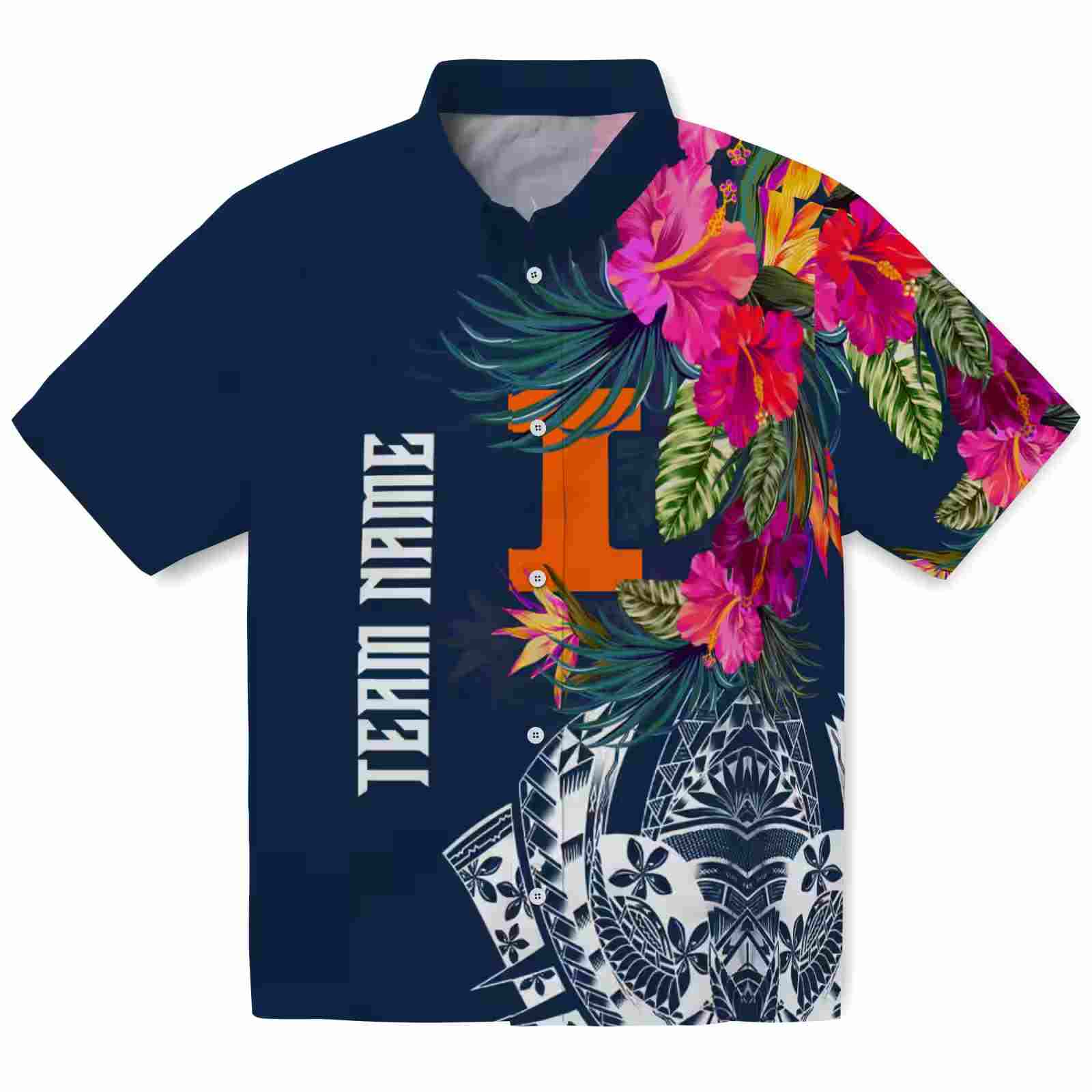 Illinois Fighting Illini Floral Polynesian Blue Hawaiian Shirt