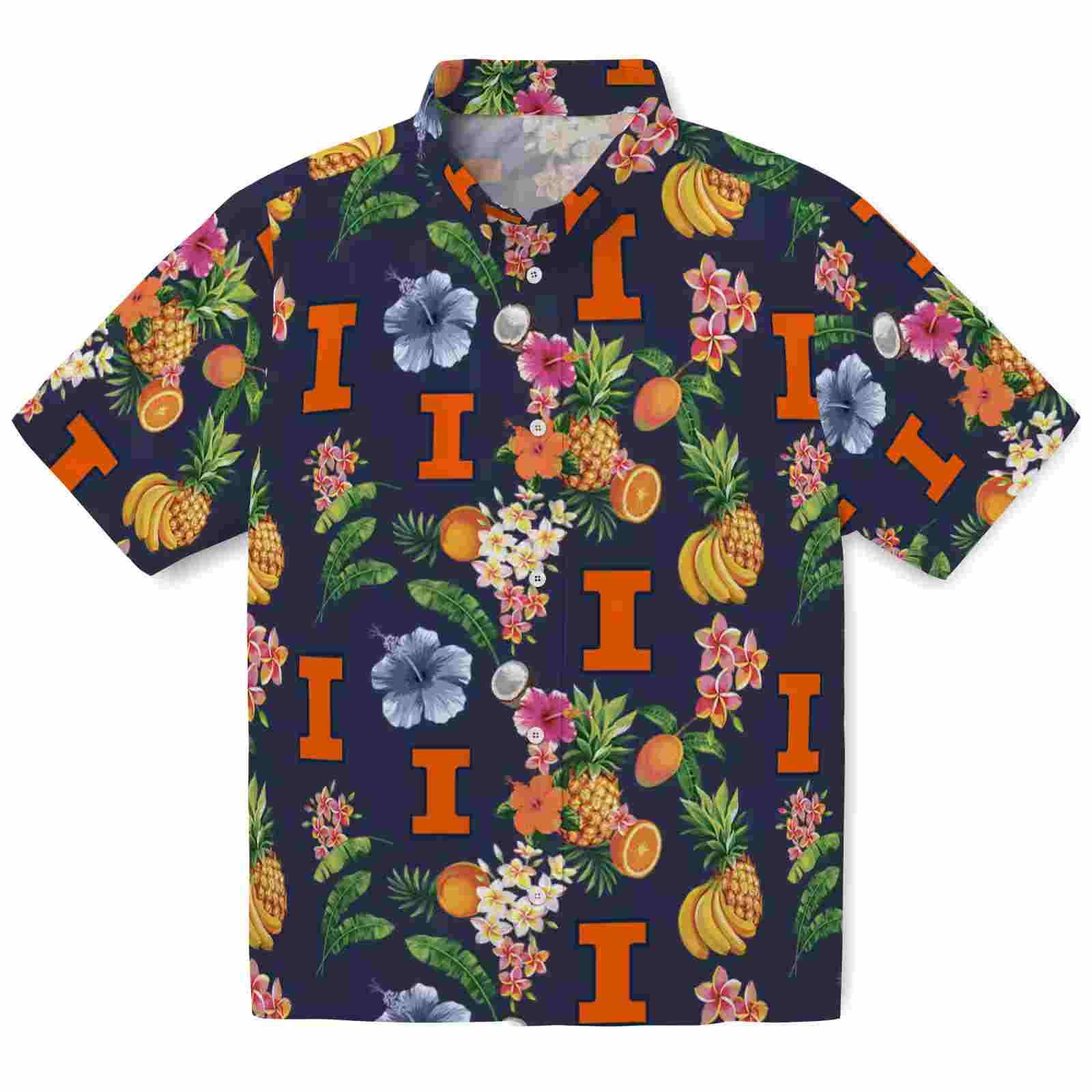 Illinois Fighting Illini Hibiscus And Fruit Navy Blue Hawaiian Shirt