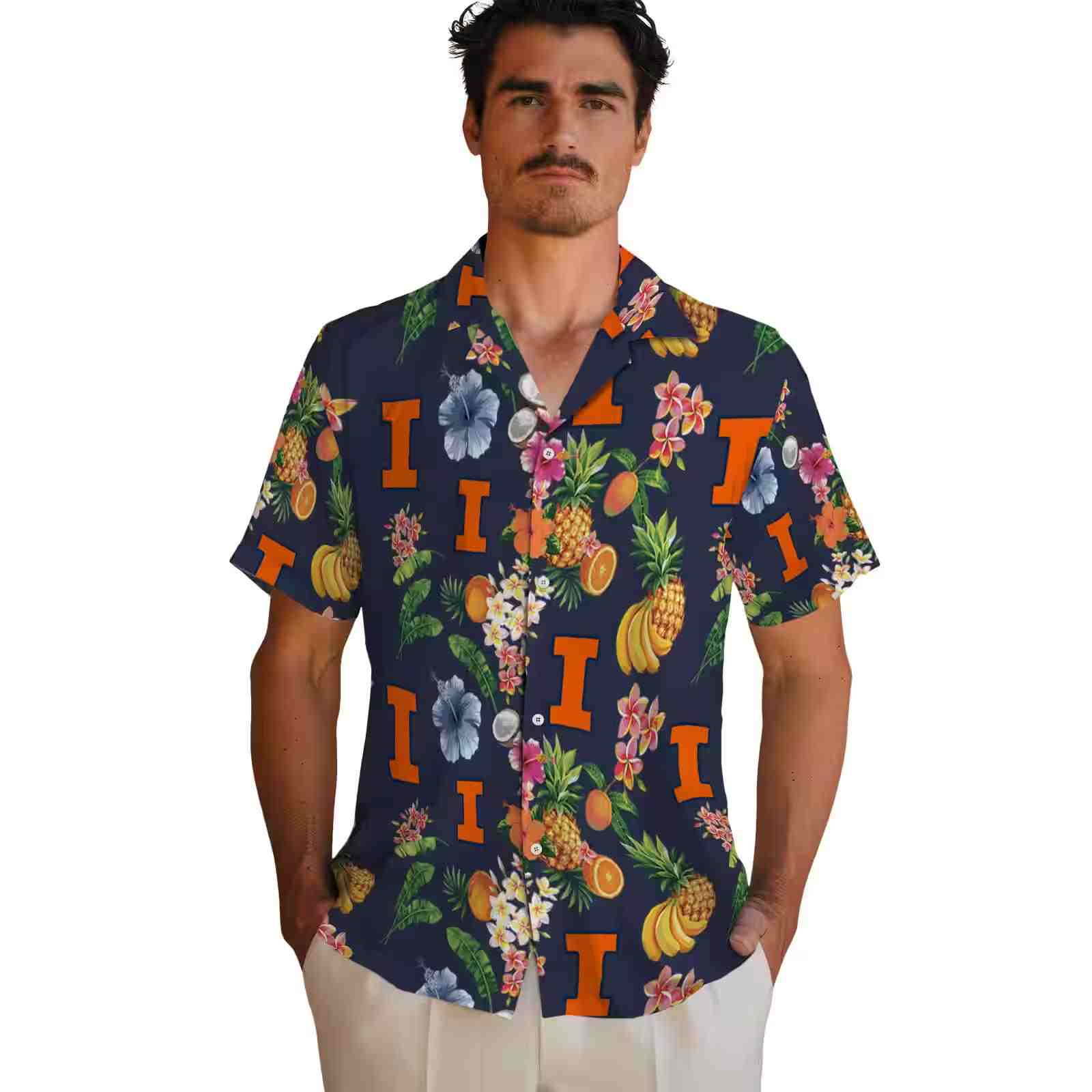 illinois fighting illini hibiscus and fruit navy blue hawaiian shirt fashion forward